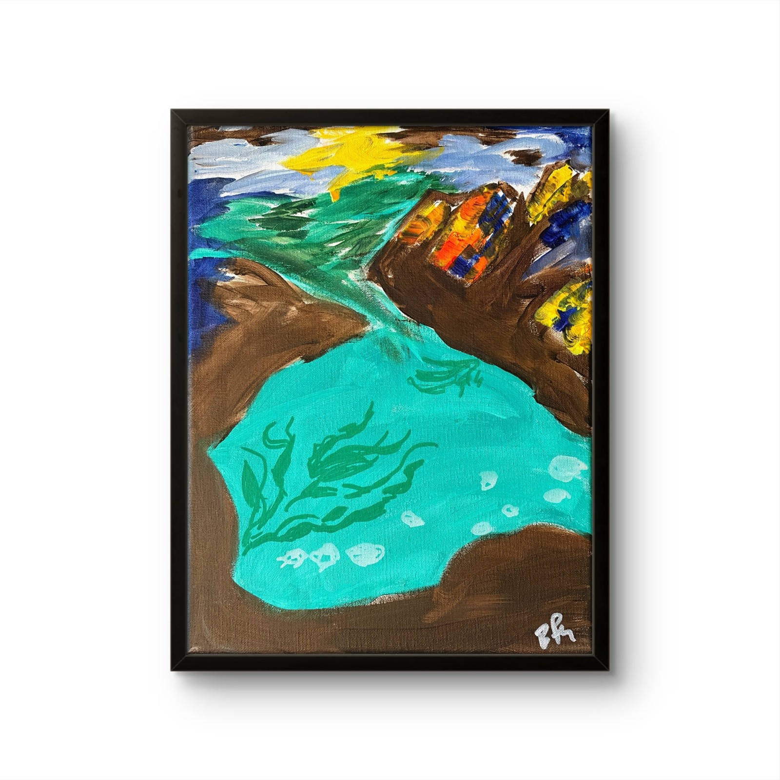 B.Perry Original 14x11 Expressionist Turquoise Mountain Pool Painting Signed