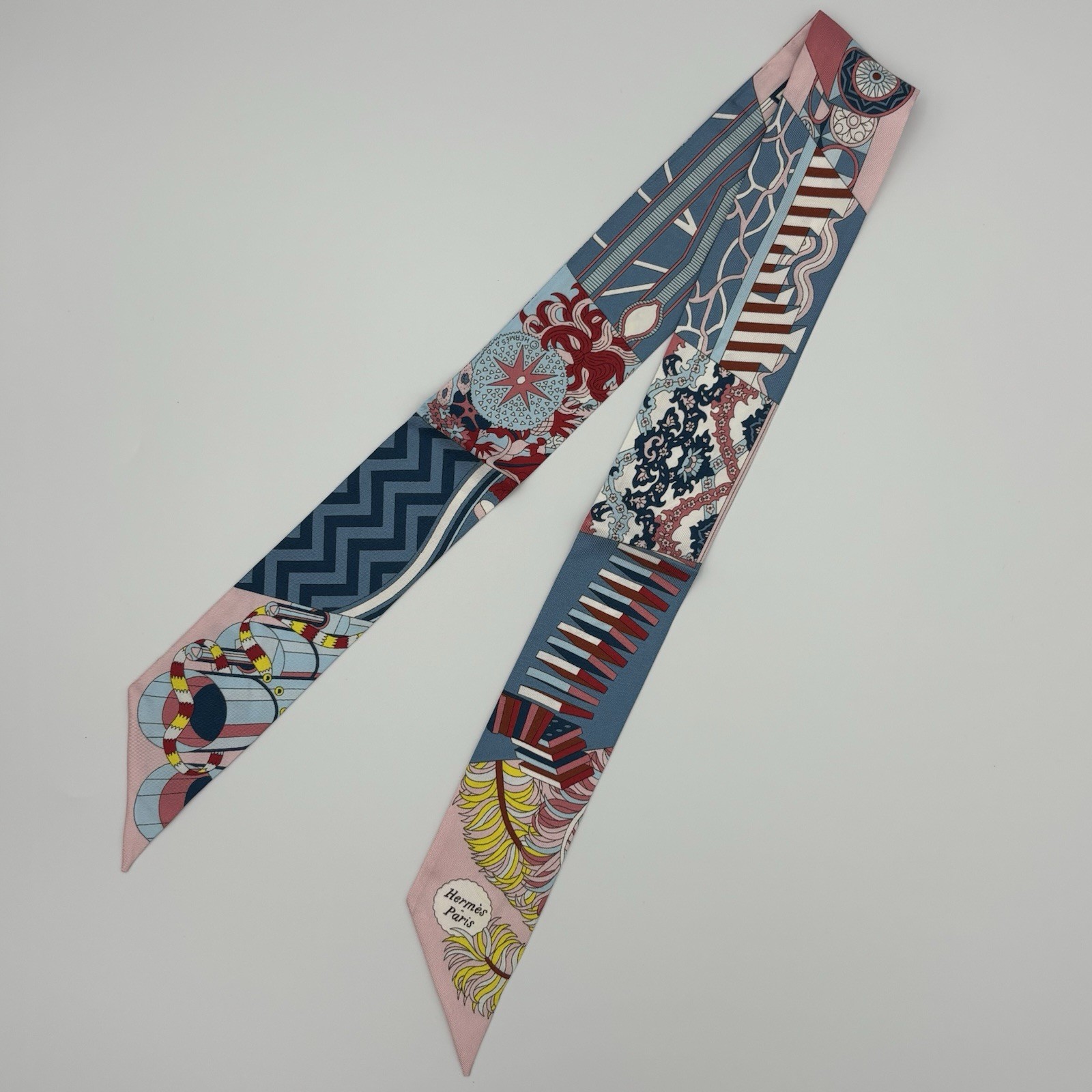 Hermes Twilly Scarf Pink Blue Red Yellow Eclectic Patchwork Graphic Print Ribbon