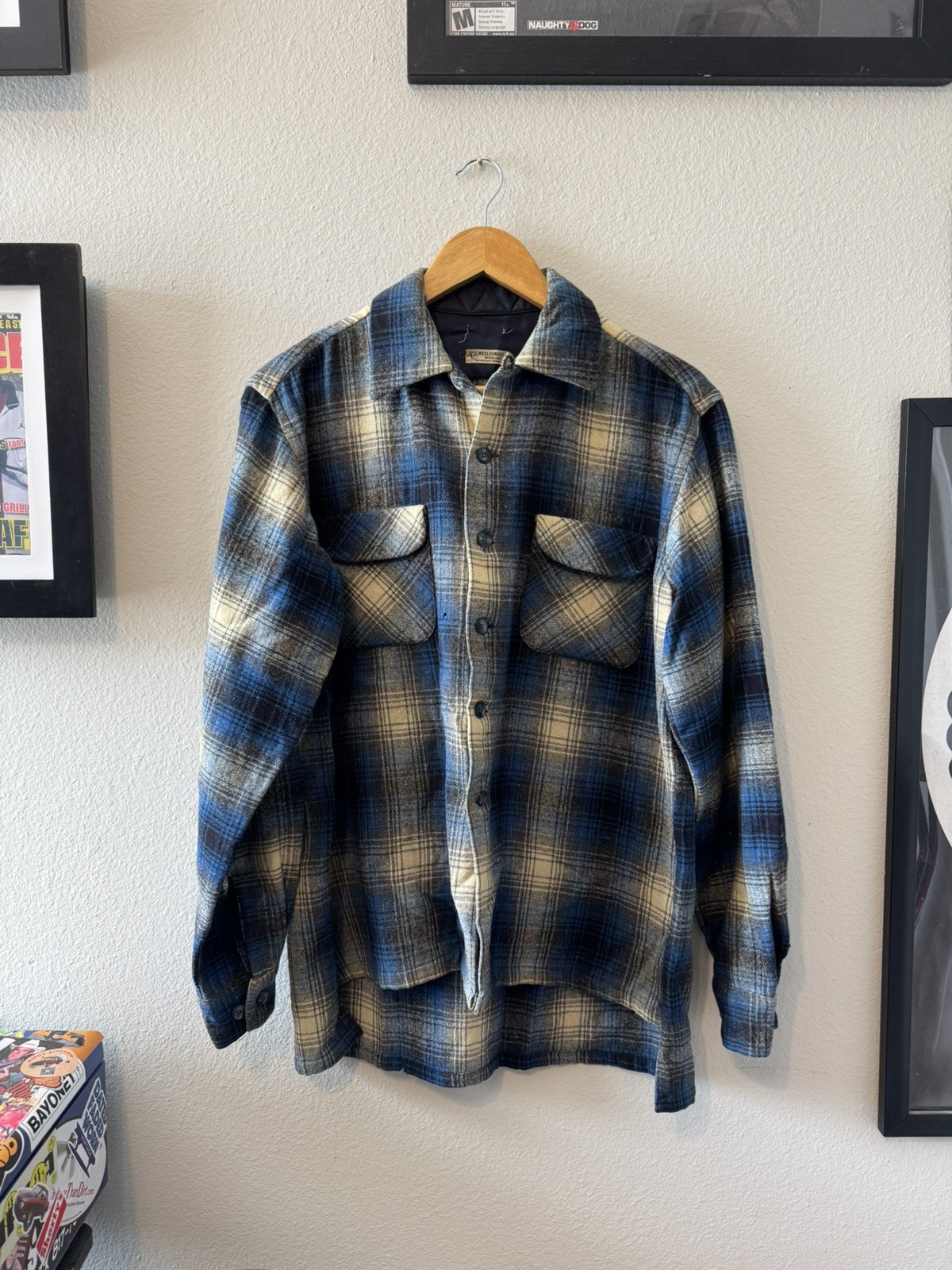 Mcgregor Doniger Vintage 60s Loop Collar Shadow Plaid Flannel Sz L 22x26