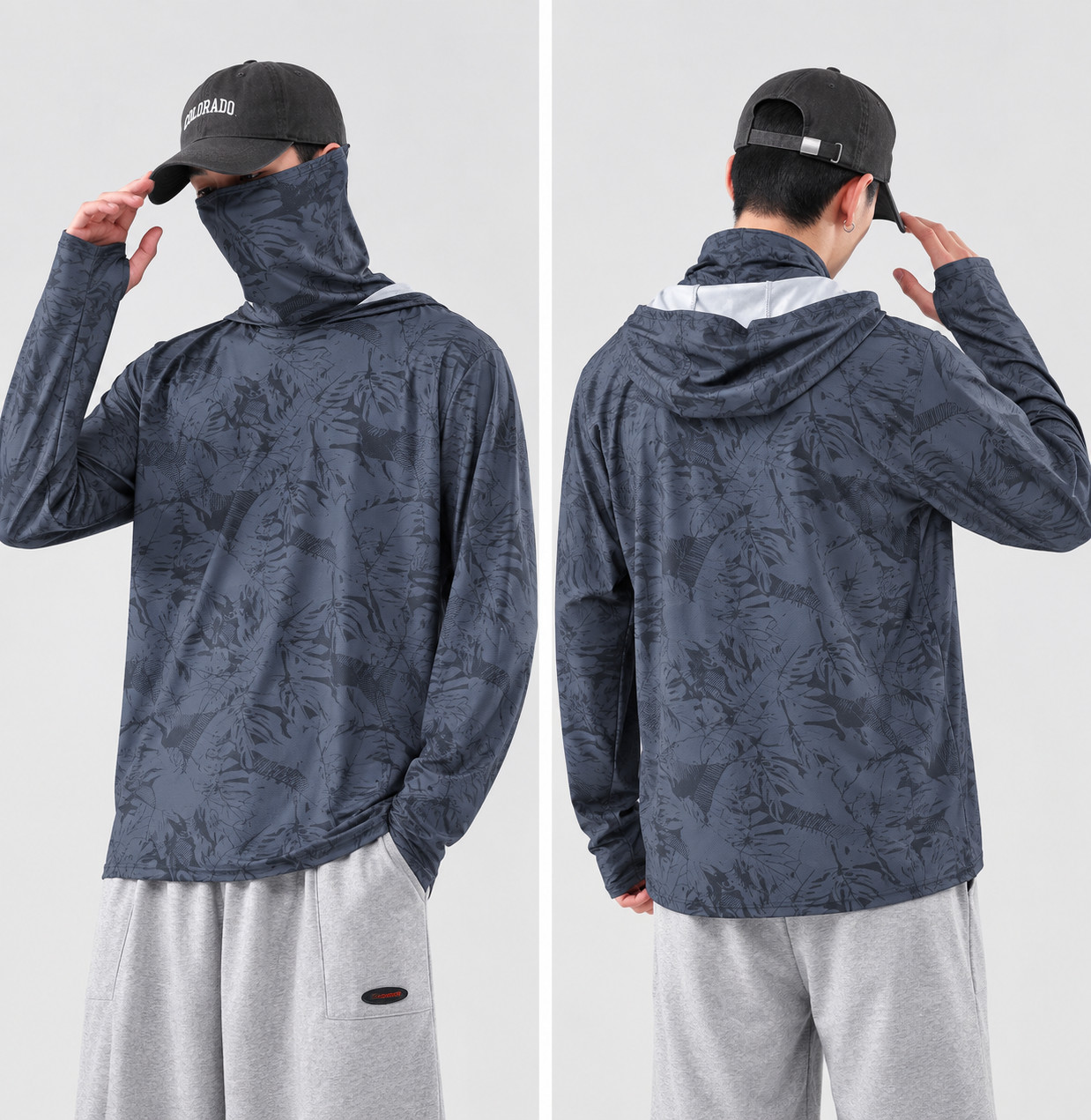 Men’s UPF 30+ Sun Protection Hoodie Shirt Long Sleeve Fishing Outdoor Gray Blue