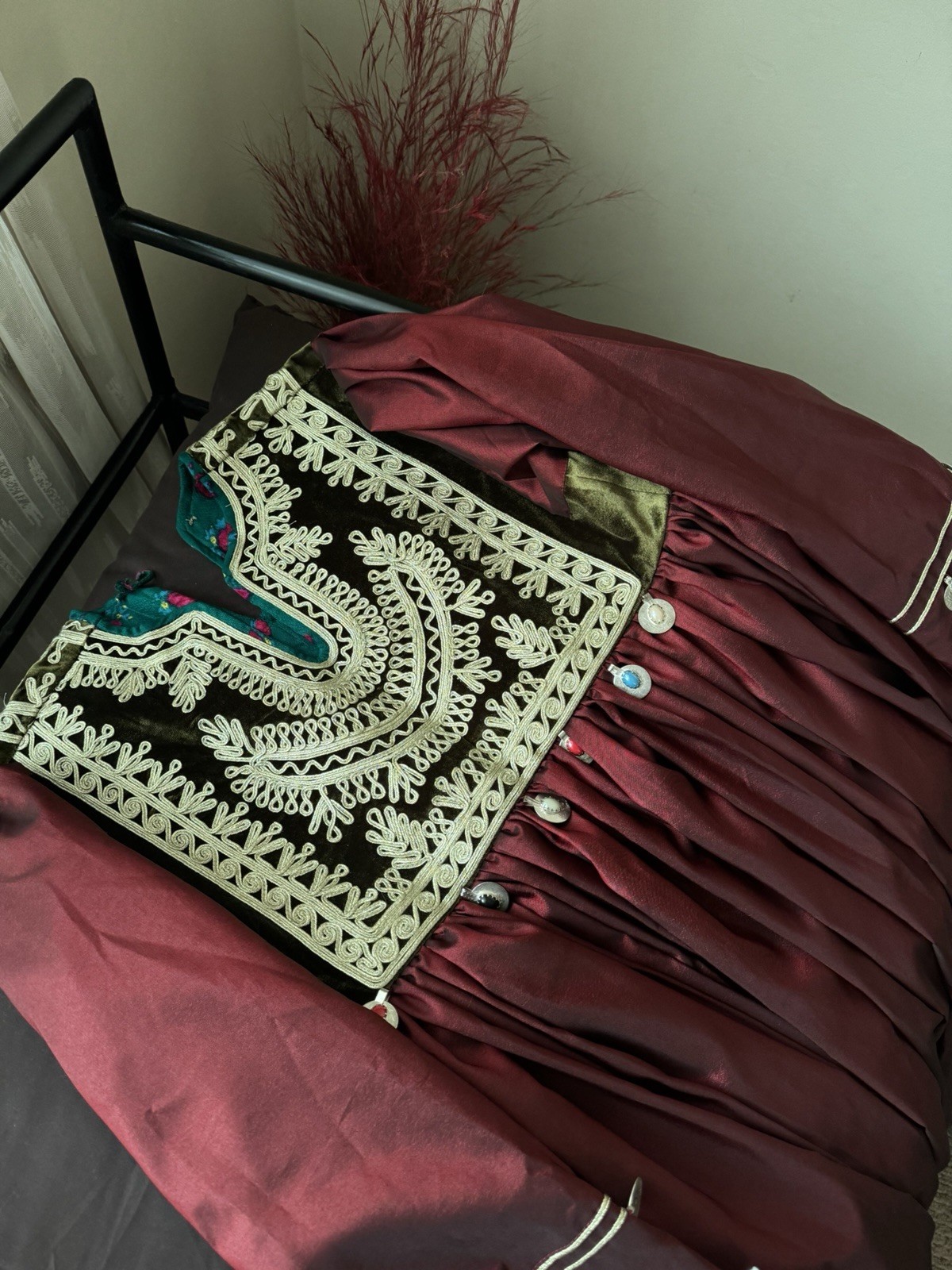 Afghan Traditional Burgundy Dress Women’s Handmade Embroidered Kuchi Afghan Gown