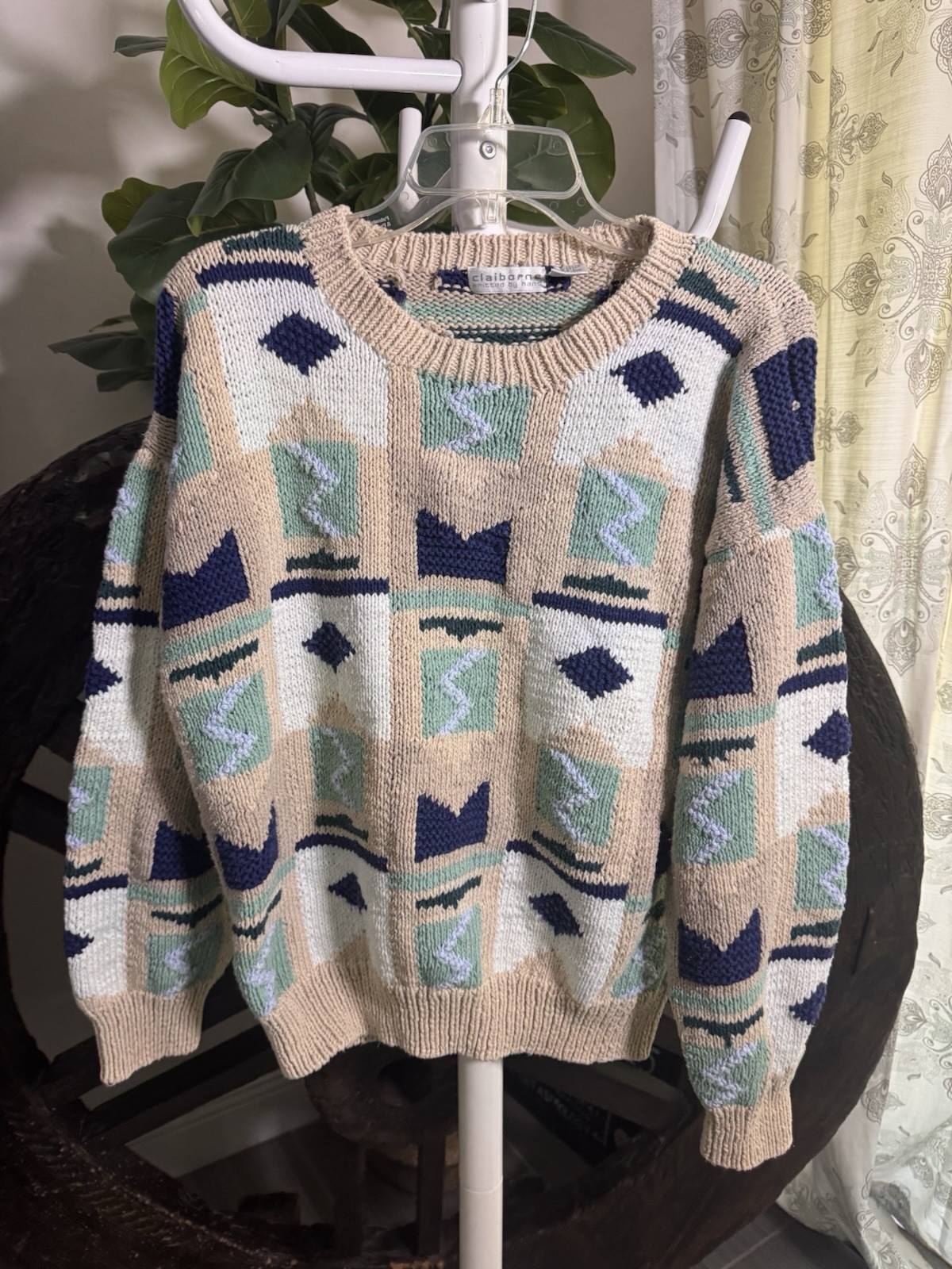 Vintage Claiborne 80s/90s Hand Knit Cotton Geometric Print Sweater Size L Vintage Claiborne 80s/90s Hand Knit Cotton Geometric Print Sweater Size L