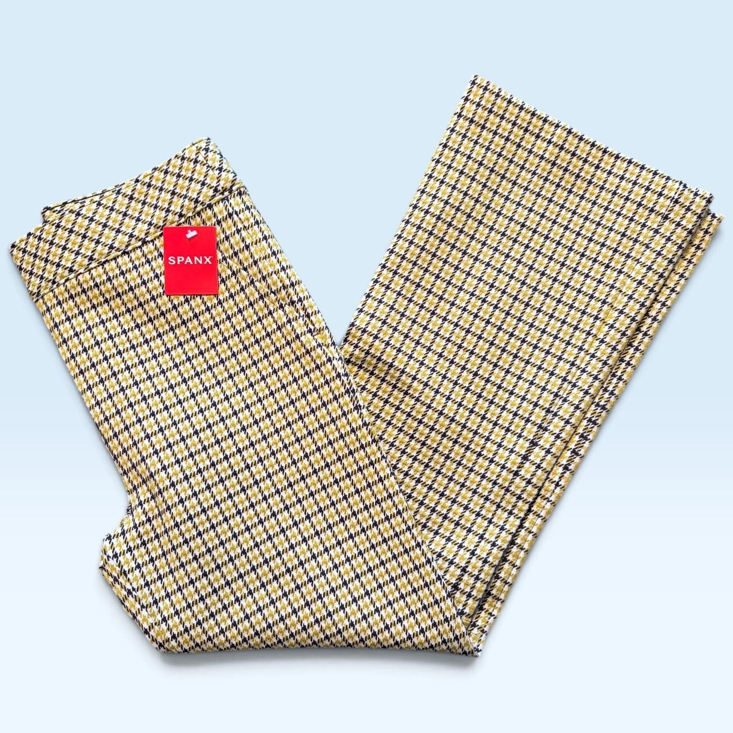 Spanx Pants Womens M Yellow Check Ponte Flare Pull On Stretch Business Workwear