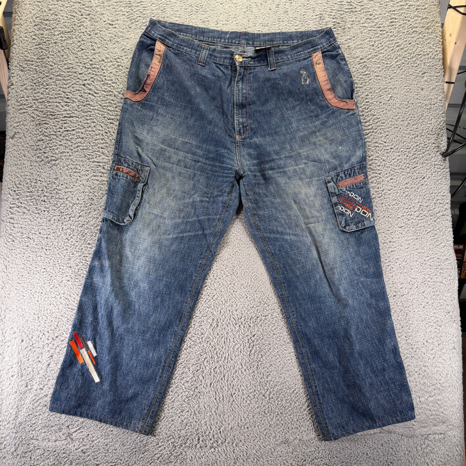 Vintage Don Jeans Mens 44x31 Blue Cotton Denim Straight Baggy Leatherette Trim