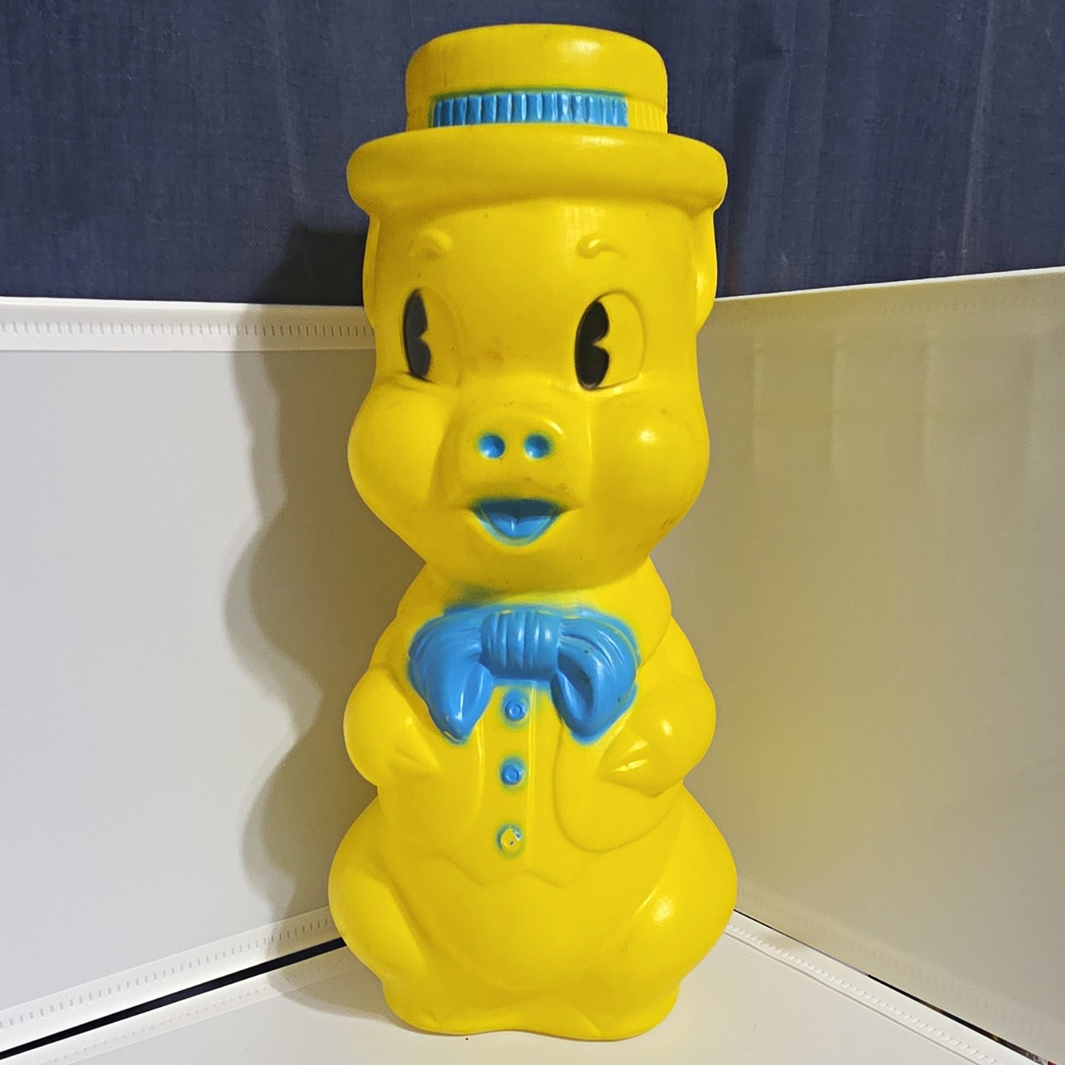 Vintage 1964 A.J. Renzi Blow Mold Piggy Bank Yellow Blue Plastic 15