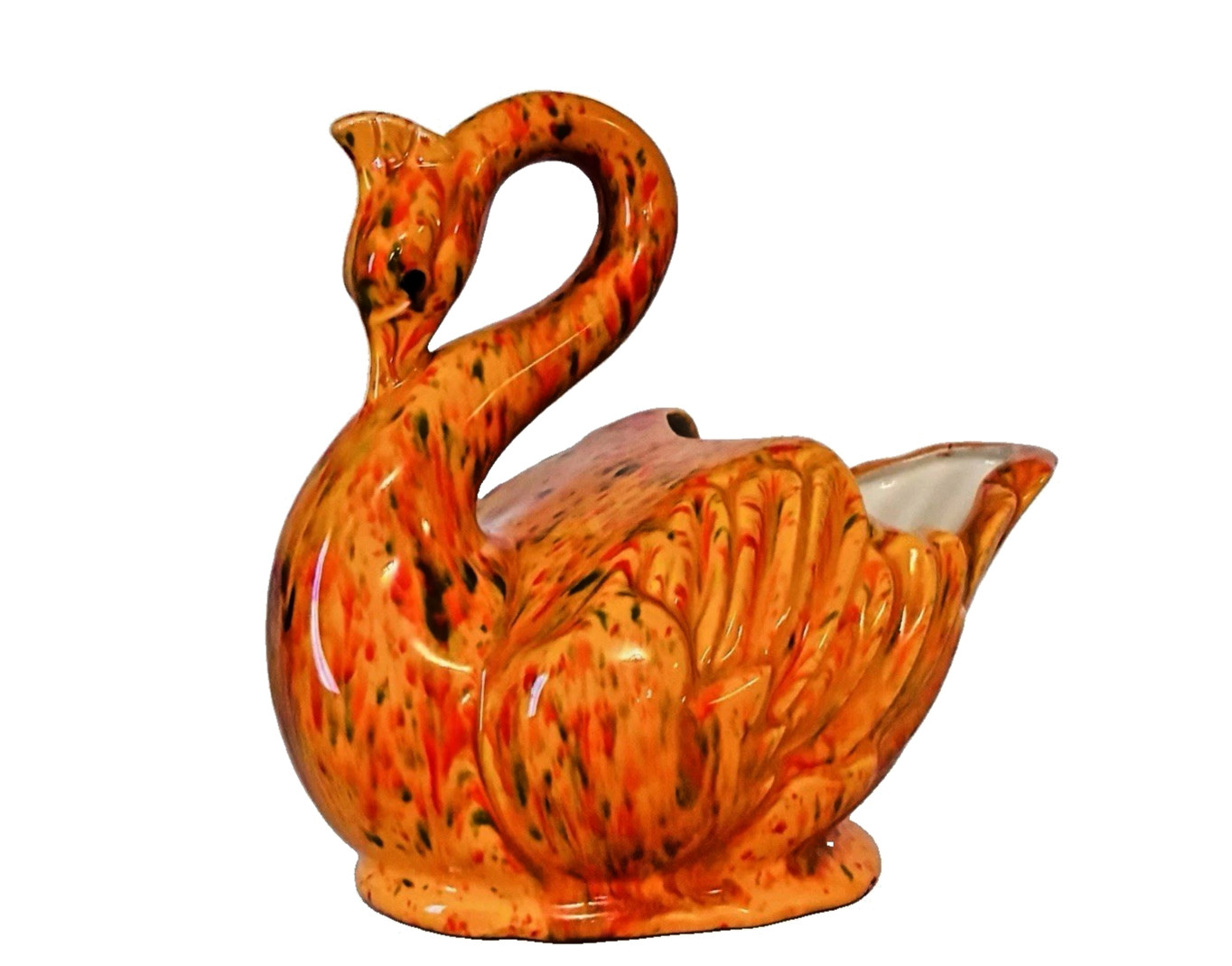 Vintage Mid Century Vibrant Orange Drip Glaze Swan Cache Pot Planter ~ Pristine