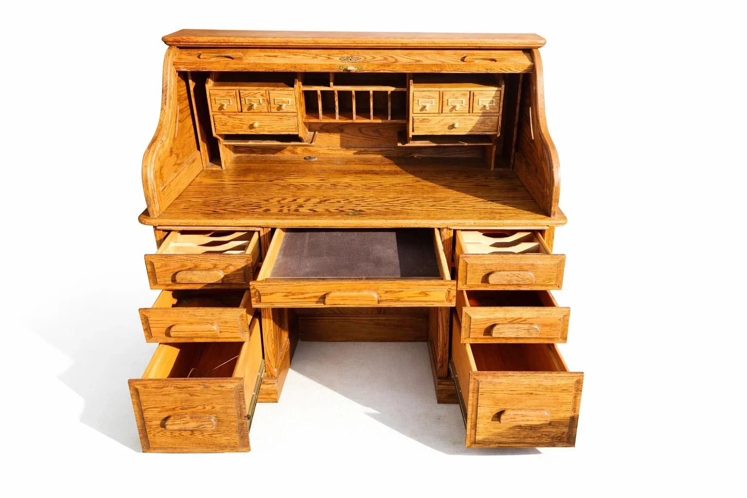 Vintage Solid Oak Roll-Top Desk Classic Executive Secretary Desk  Warm Honey