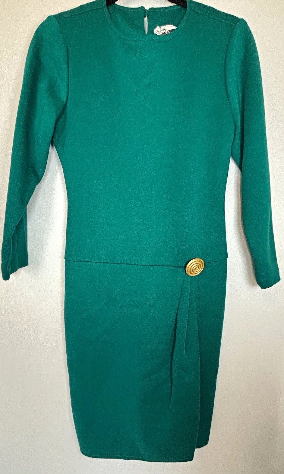 Vtg 80s Sunshine Starshine Green Sheath Dress Draped Gold Button Retro Business Vtg 80s Sunshine Starshine Green Sheath Dress Draped Gold Button Retro Business