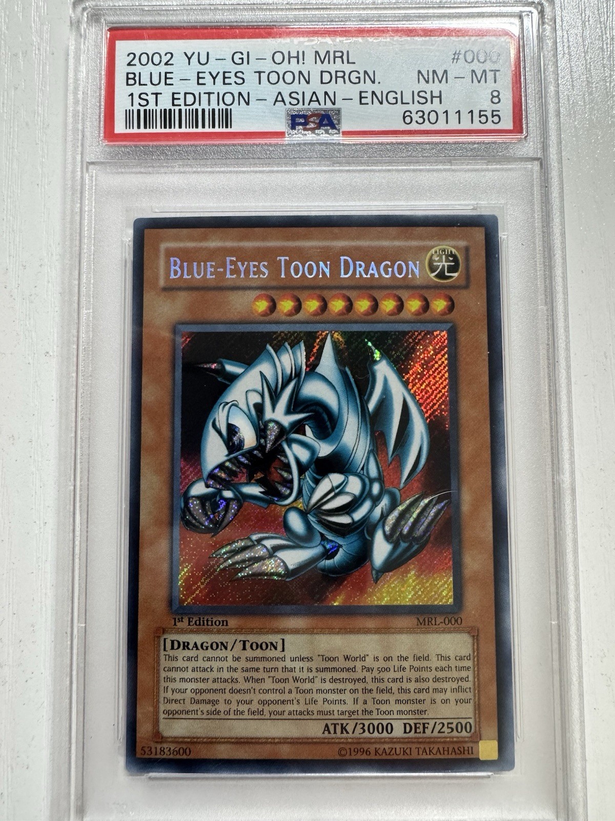 Yu-Gi-Oh Blue-Eyes Toon Dragon MRL-000 1st Ed Secret Rare PSA 8 Asian English Yu-Gi-Oh Blue-Eyes Toon Dragon MRL-000 1st Ed Secret Rare PSA 8 Asian English
