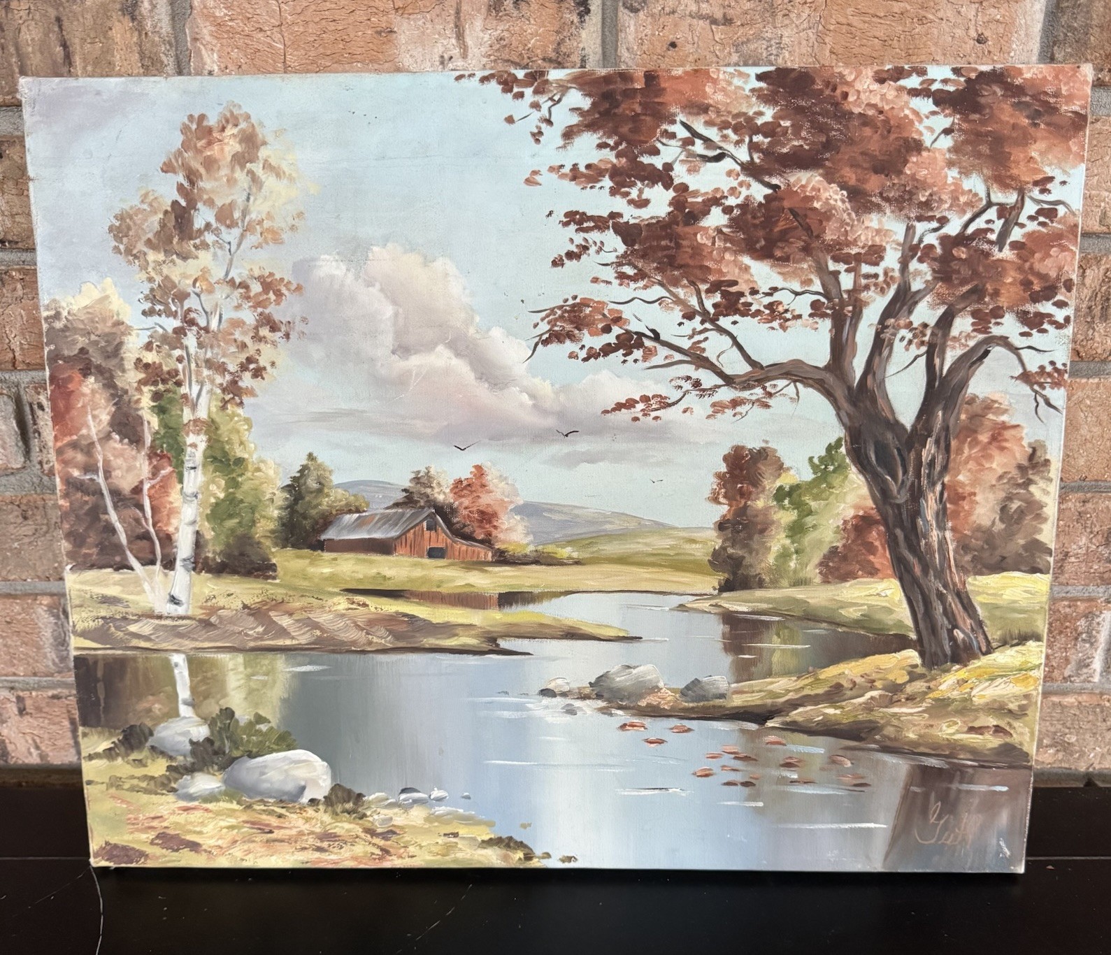 Vintage Original Landscape Painting on Canvas Artist Signed Barn River Trees