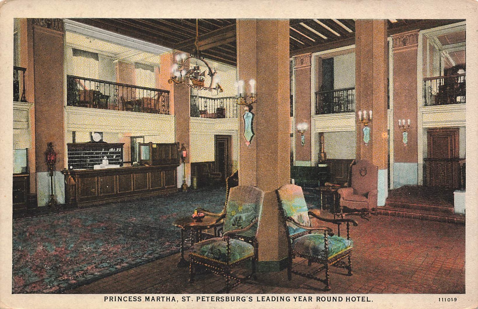 St Petersburg Florida Interior Lobby Princess Martha Hotel Vintage Postcard