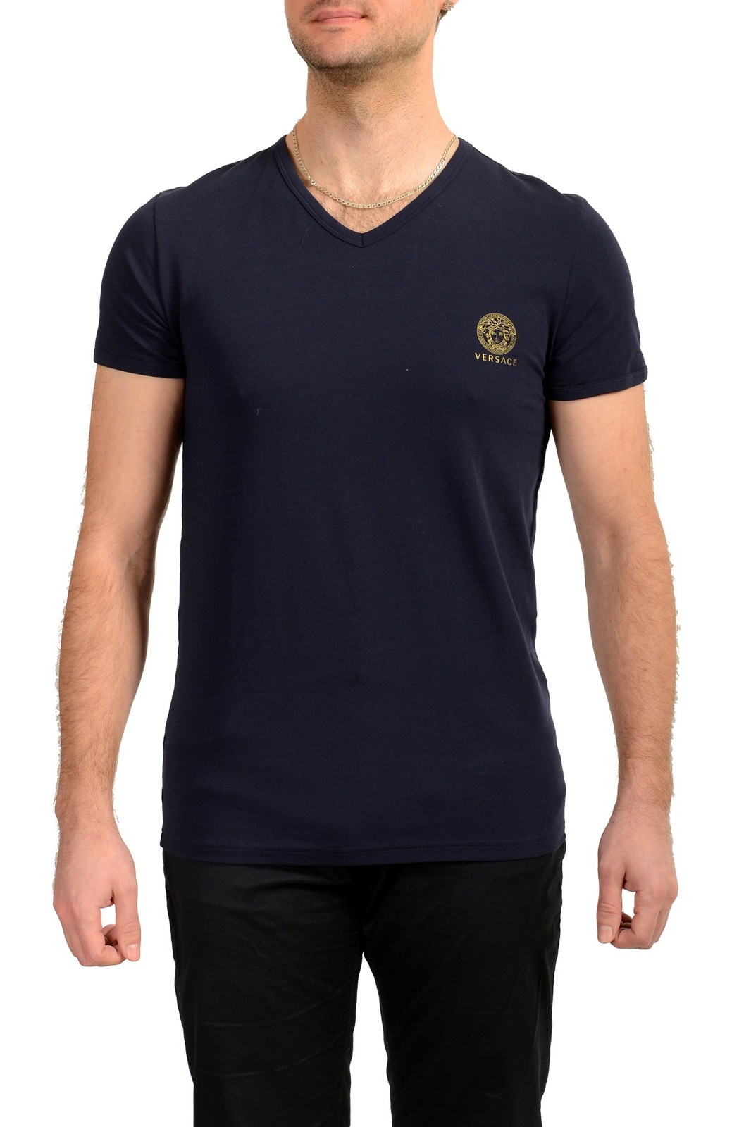 Versace Men\'s Blue Gold Medusa Print V-Neck T-Shirt Versace sz 4 US S IT 48