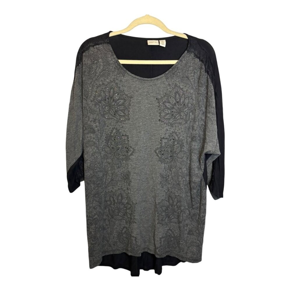 Chico\'s Blouse Women\'s Size Large Zenergy Floral Lace Beaded Gray Black Chicos 2