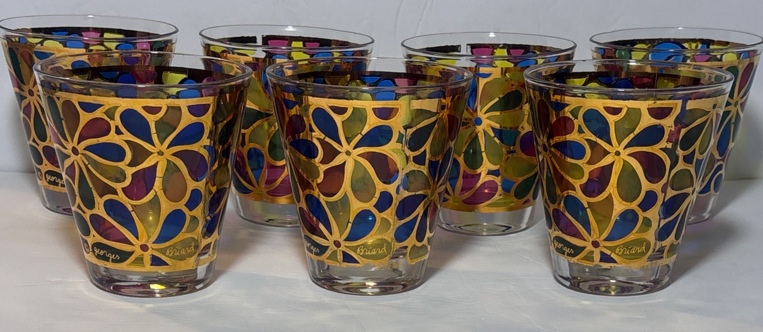 Set 7 Georges Briard Signed MCM Gold blue flower Decor Glasses