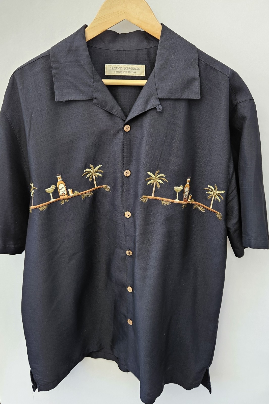 Men\'s Island Republic Black Button-Up Shirt, Size Large, Embroidered Men\'s Island Republic Black Button-Up Shirt, Size Large, Embroidered