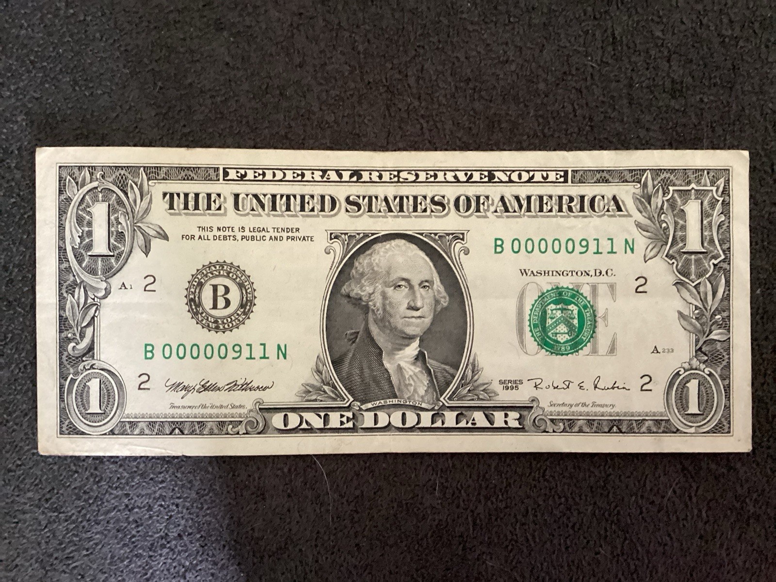 1995 $1 Federal Reserve Note Low Serial Number B00000911N One Dollar Bill 1995 $1 Federal Reserve Note Low Serial Number B00000911N One Dollar Bill