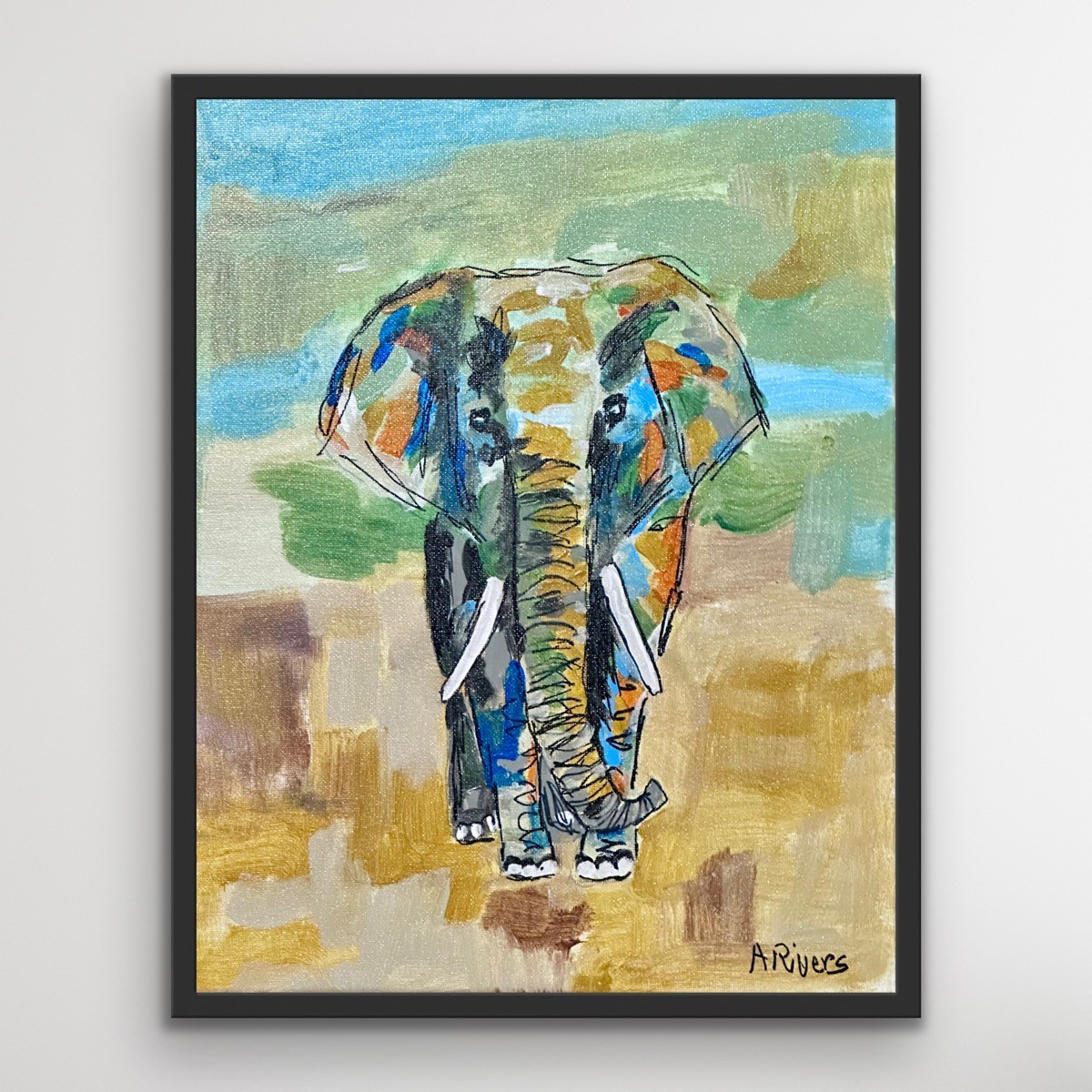 ARivers Impressionistic Art Elephant Painting 14x11 Canvas Signed Original Decor