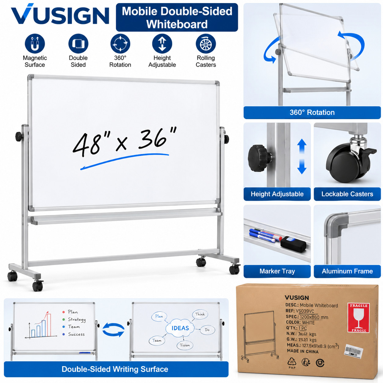 VUSIGN 48x36 Mobile Double Sided Magnetic Whiteboard Rolling Dry Erase Stand VUSIGN 48x36 Mobile Double Sided Magnetic Whiteboard Rolling Dry Erase Stand