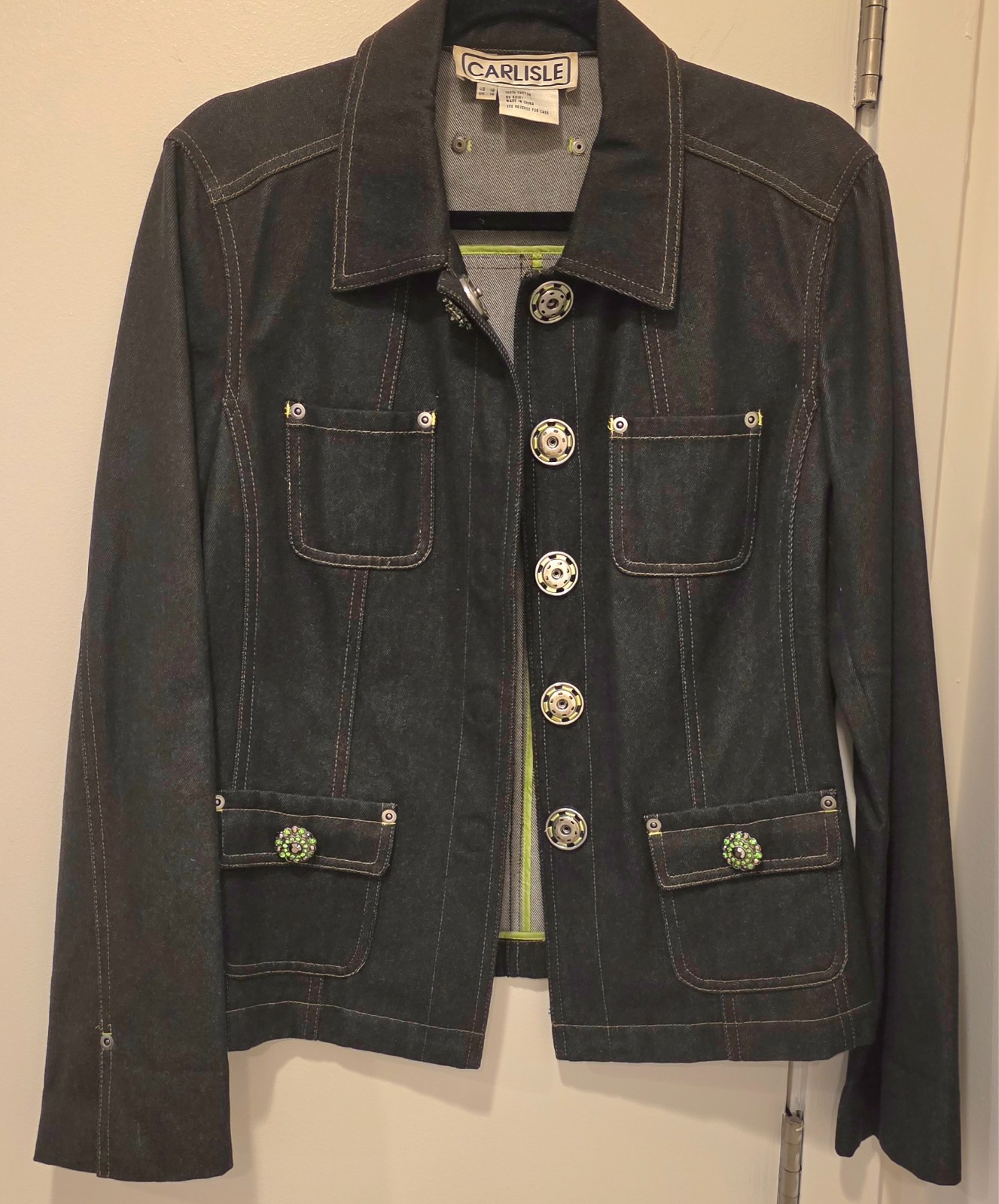 Carlisle size 12 black denim itility jacket with green and black bittons snap...