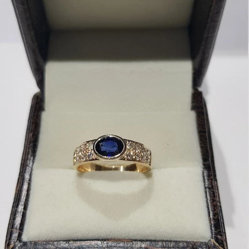 1.40 Ct Oval Cut Natural Sapphire & Diamond Wedding Ring 14K  Yellow Gold