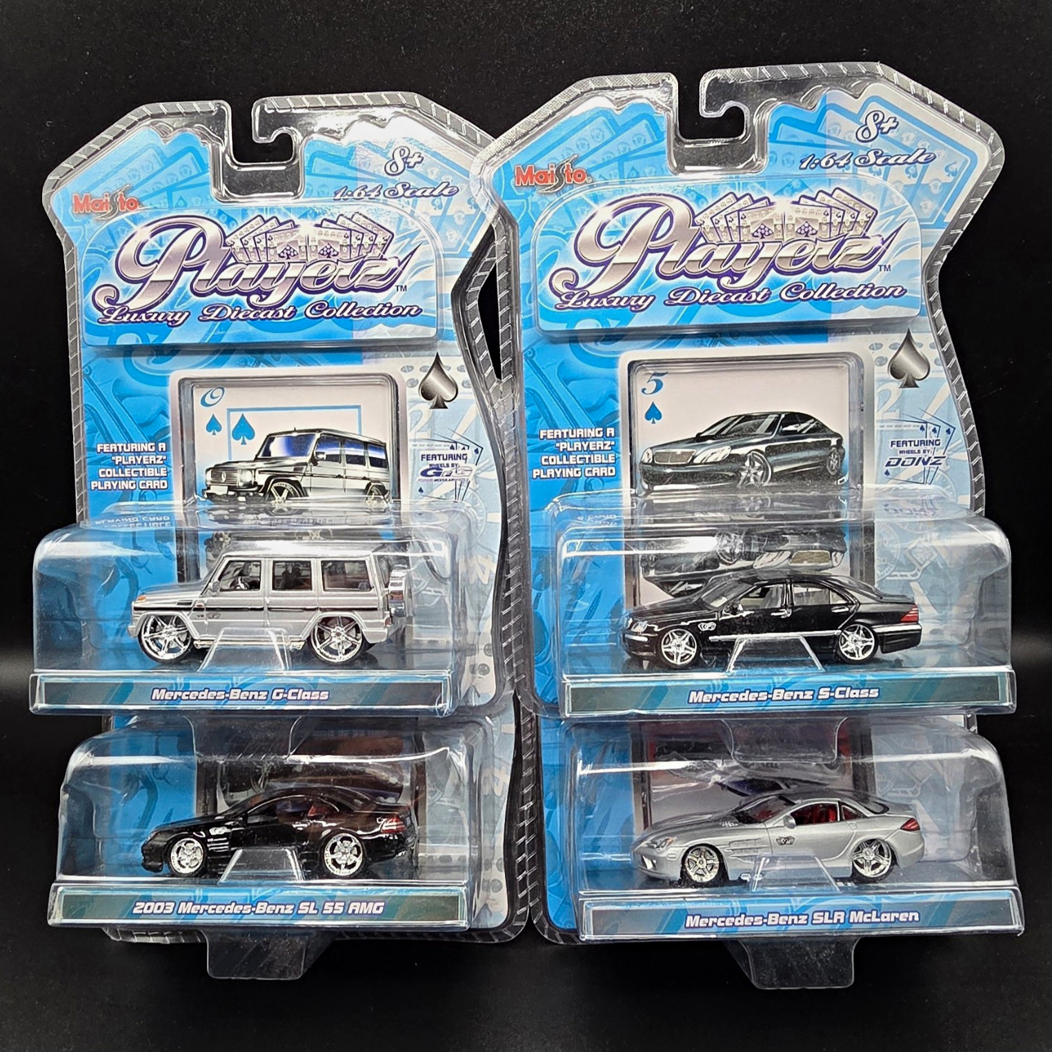 Vintage 2004 Maisto Playerz 1:64 Mercedes-Benz Diecast Lot (4) w/ Playing Card
