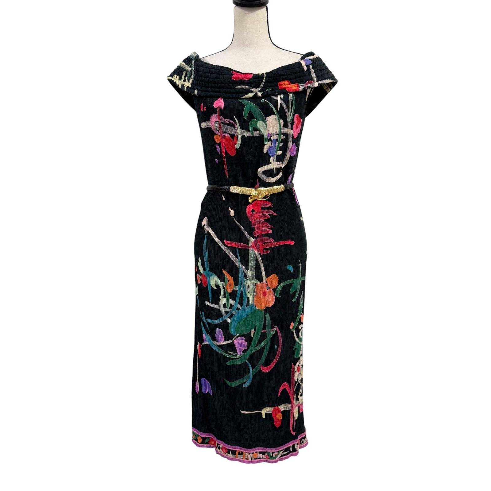 VTG 90s Leonard Paris Silk Abstract Floral Off Shoulder Dress Made in France