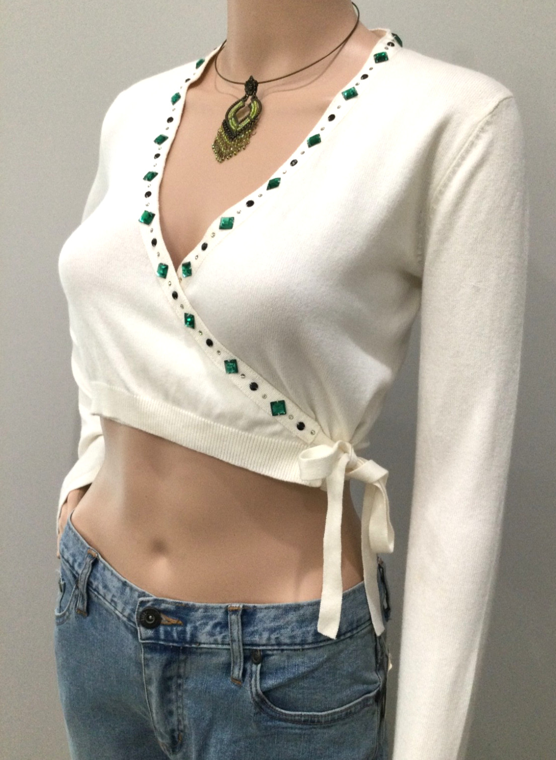 Vintage Y2K ID Entity Cropped Wrap Top Sparkly Rhinestone Pima Cotton XS Sweater