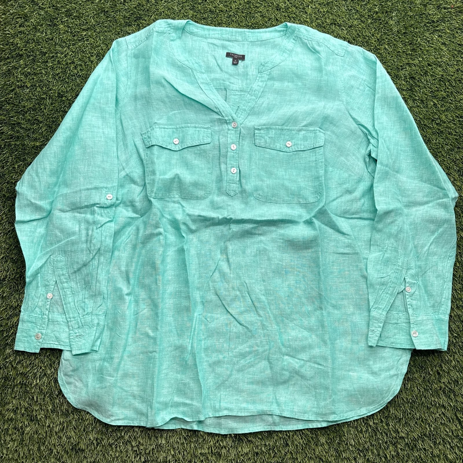 Talbots Plus Size X Henley Linen Blouse Long Sleeve Button Pocket Top Teal Talbots Plus Size X Henley Linen Blouse Long Sleeve Button Pocket Top Teal