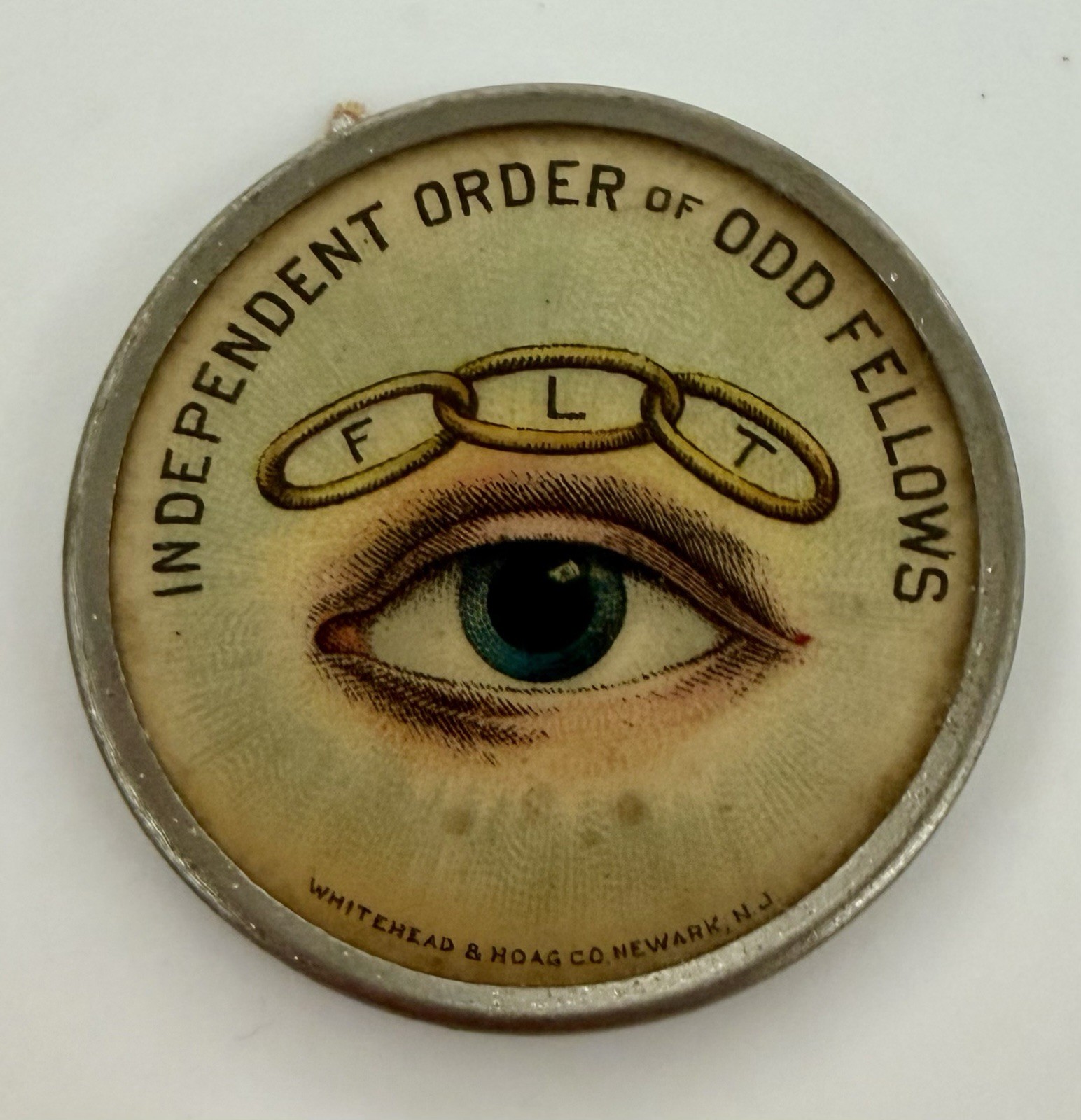 Old Independent ORDER of ODD FELLOWS Medal Badge for Ribbon Celluloid EYE ~ IOOF