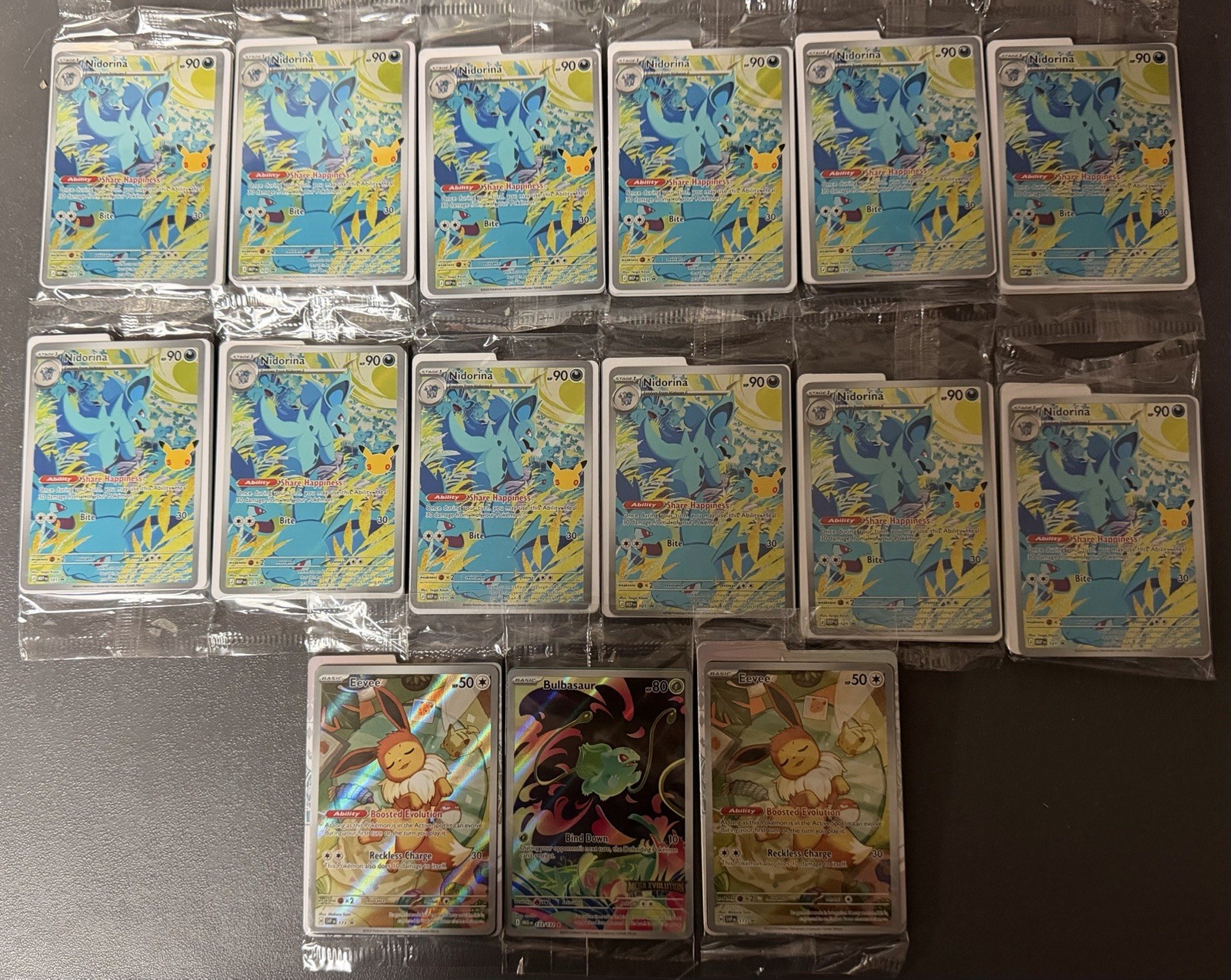 Lot of 15 Sealed Promos Including Bulbasaur ME Stamped, 2 Eevee PE, 12 Nidorina Lot of 15 Sealed Promos Including Bulbasaur ME Stamped, 2 Eevee PE, 12 Nidorina