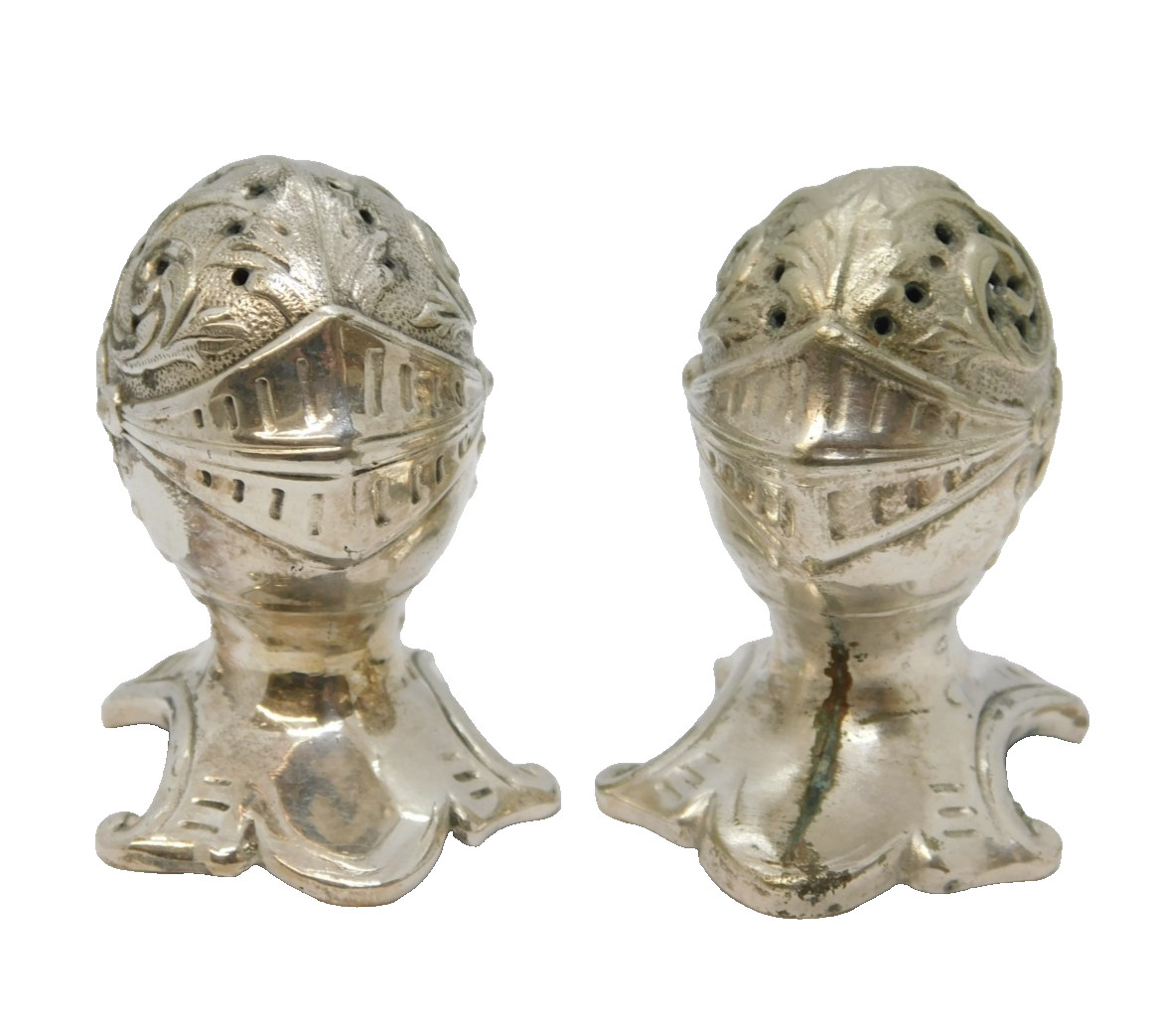 Victorian Mappin & Webb Pair of Silver Plated Knights Helmet Pepper Shakers