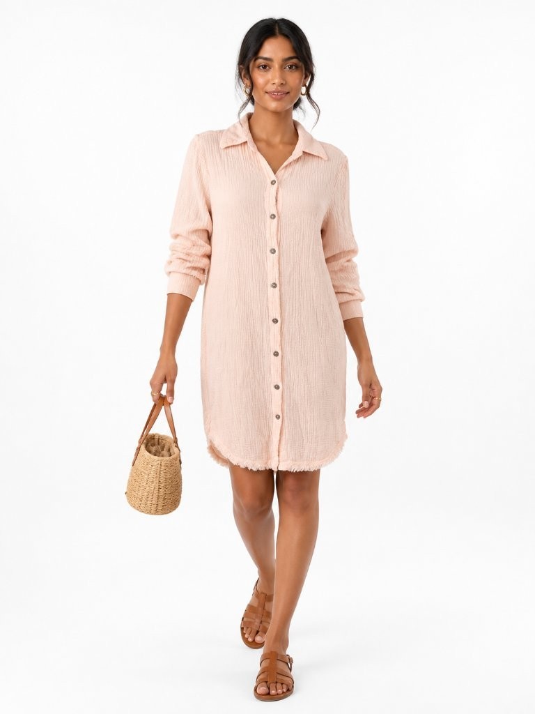 Self Contrast Pink Cotton Gauze Shirt Dress Size S Boho Beach Casual