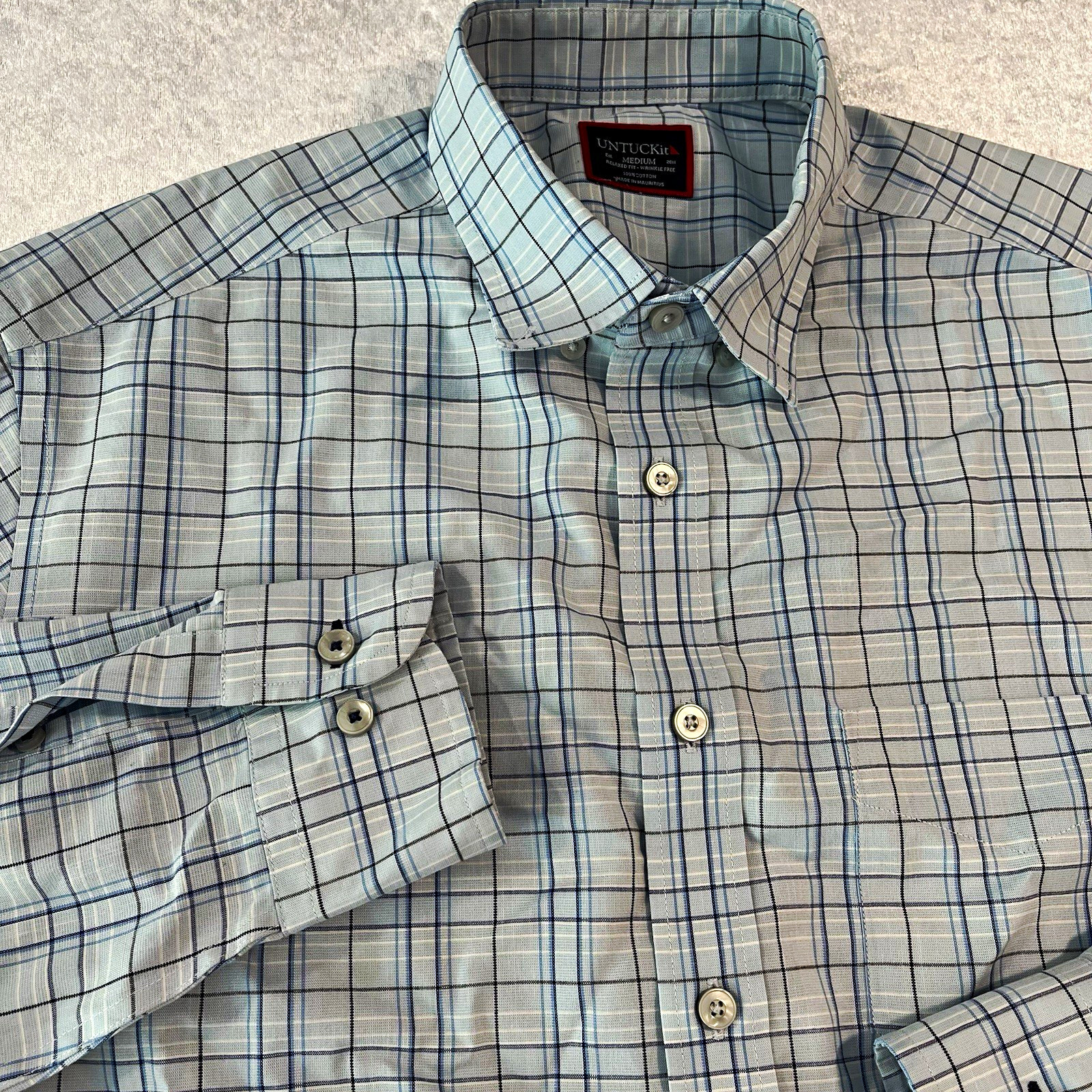 UNTUCKit Men’s M Blue White Check Cotton Button-Up Relaxed Wrinkle 48\ UNTUCKit Men’s M Blue White Check Cotton Button-Up Relaxed Wrinkle 48\