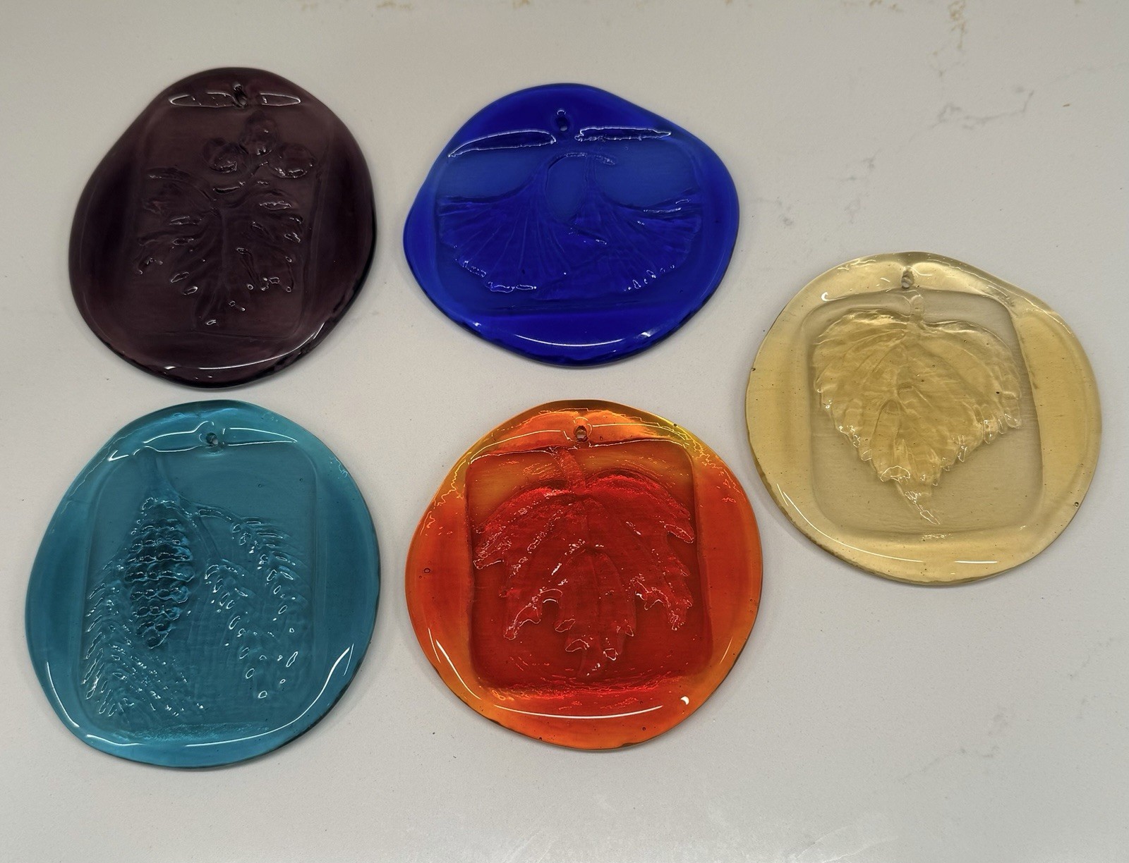 Vtg MFA Boston Pressed Glass Suncatcher Lot 5 Leaves Pinecone Ginkgo Ornament