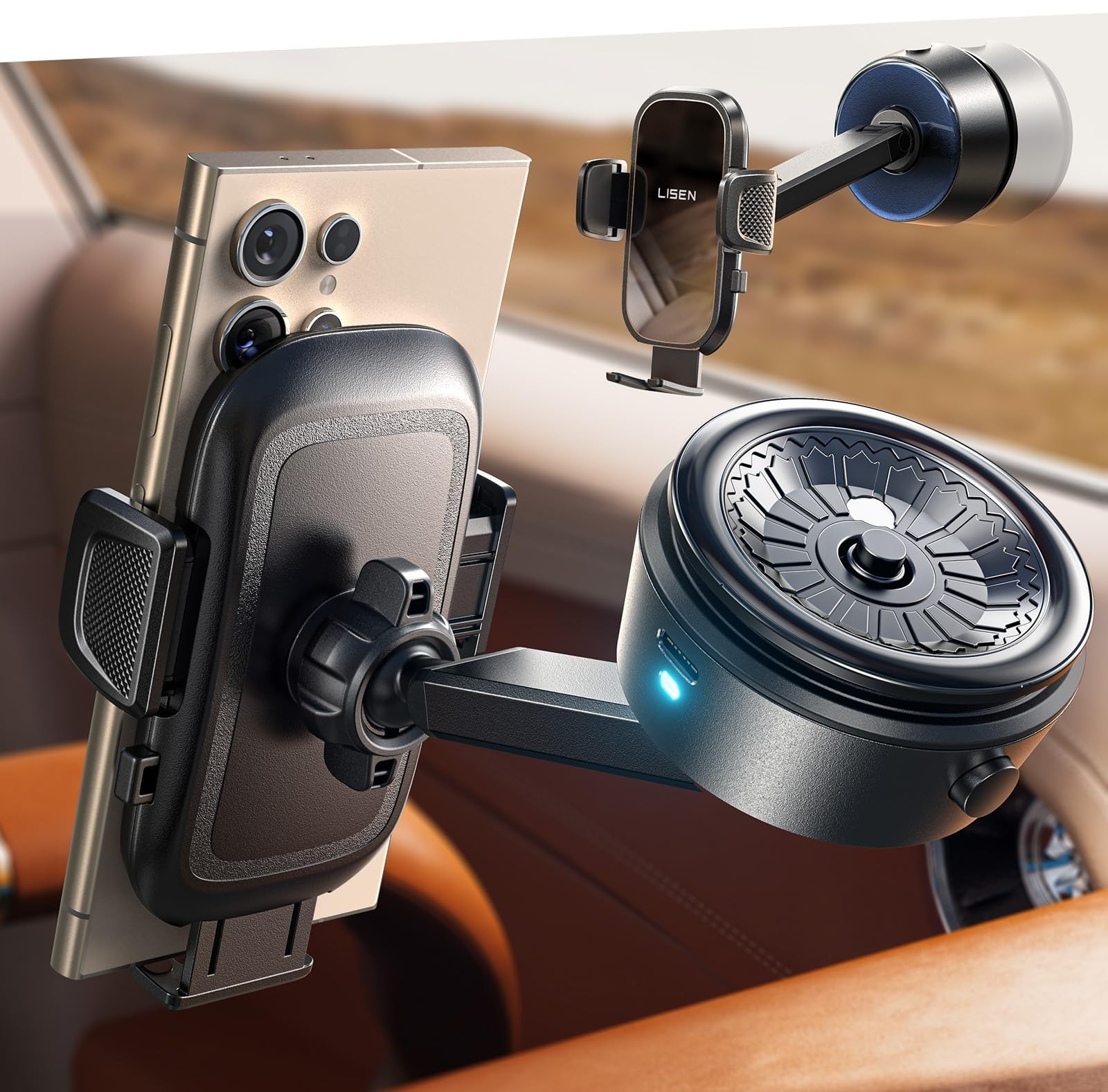 LISEN Electric Vacuum Suction Car Phone Mount Magnetic Holder Retractable Arm