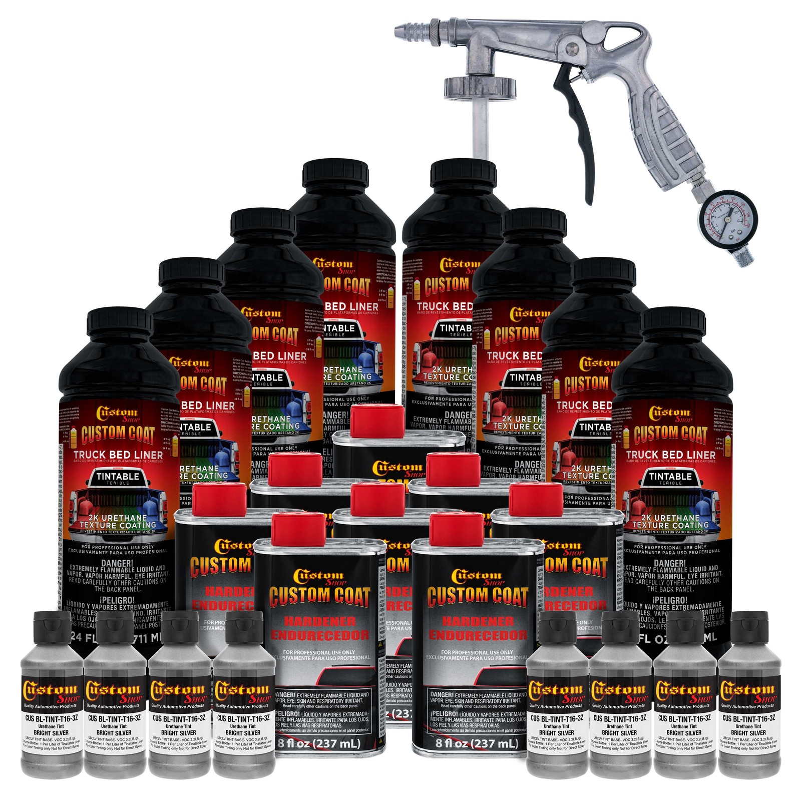 Custom Coat Bright Silver 2 Gal Urethane Spray-On Truck Bed Liner Spray Gun Kit