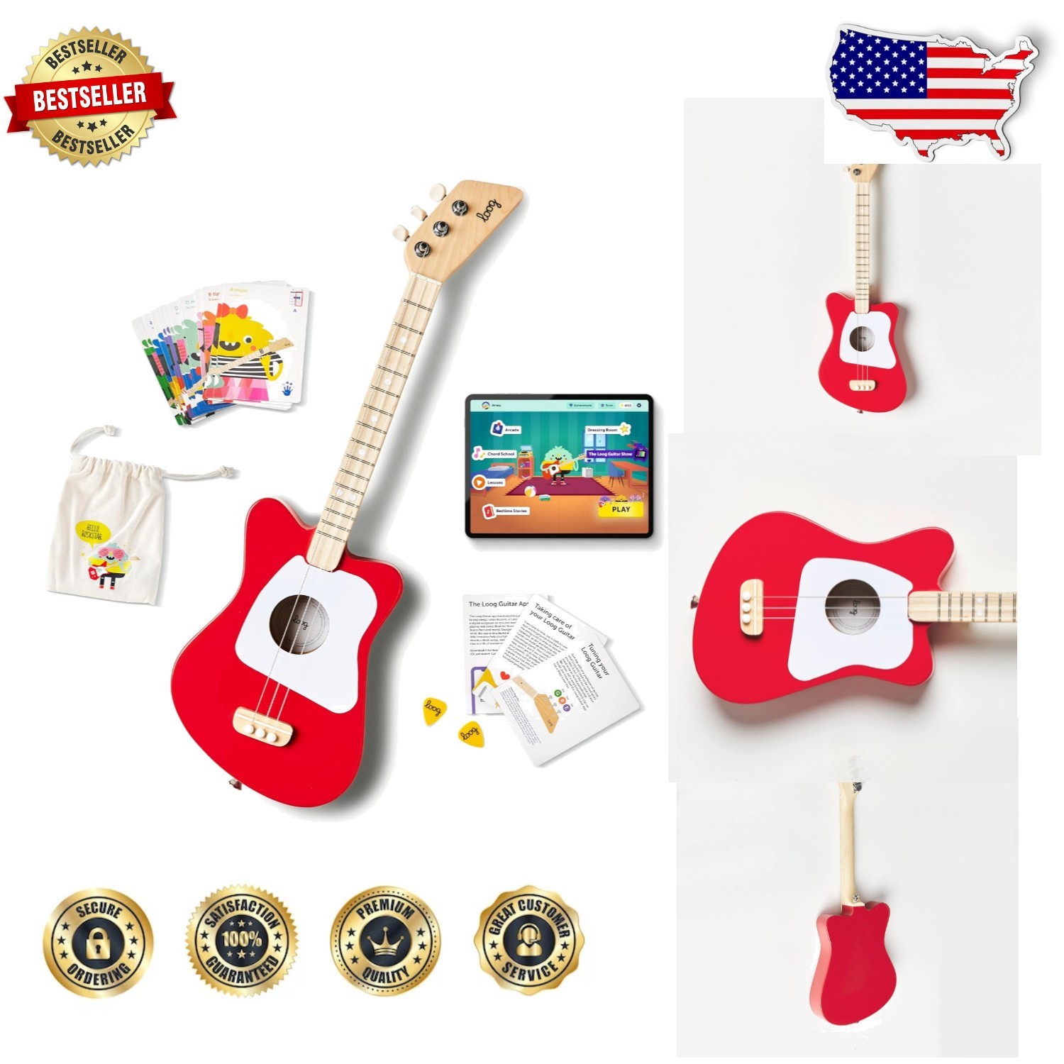 Quality Kids Acoustic Guitar | 3-String | Red | Real Wood | Easy Learning Quality Kids Acoustic Guitar | 3-String | Red | Real Wood | Easy Learning