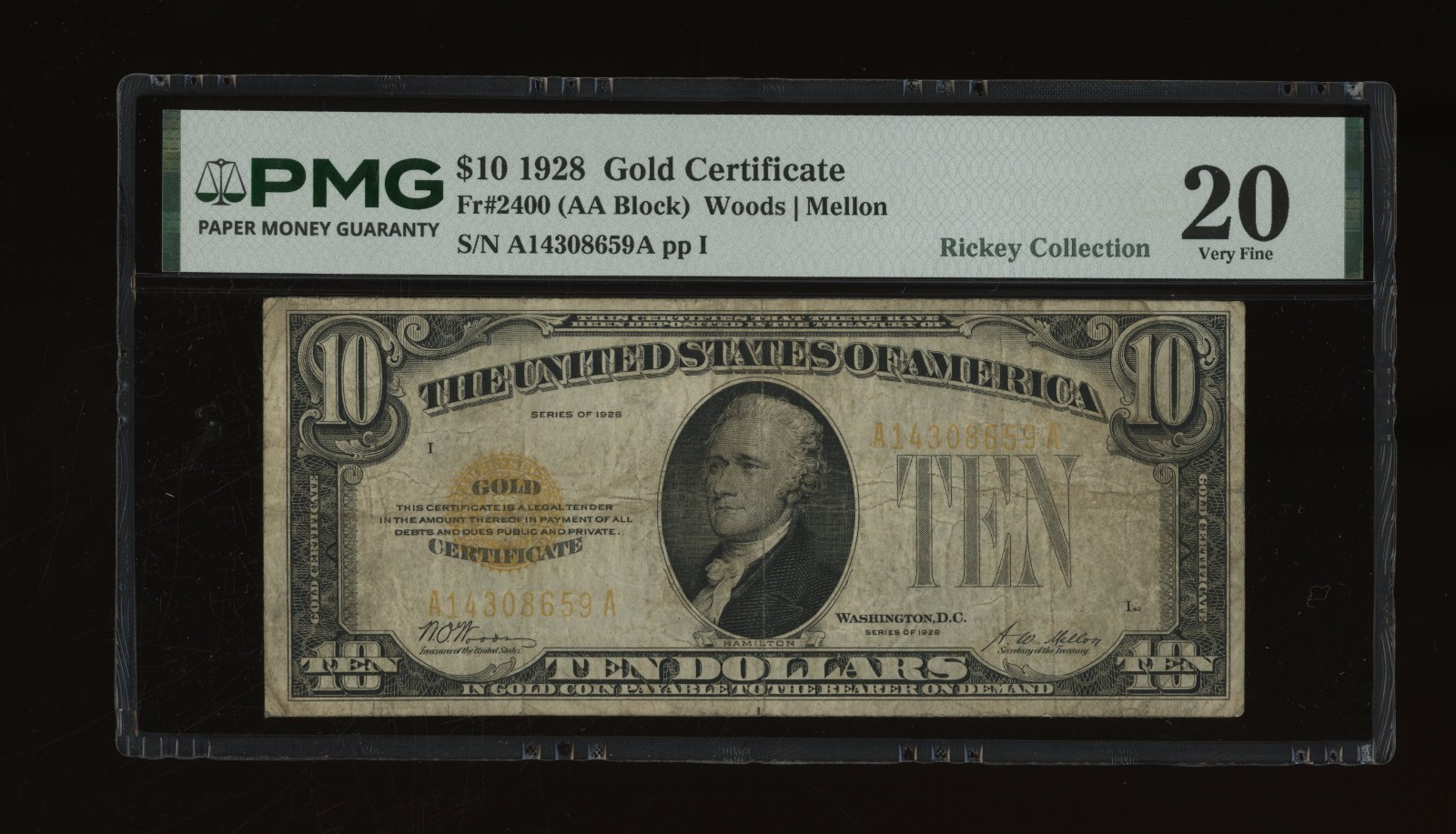 DBR 1928 $10 Gold Certificate Fr. 2400 PMG VF-20 Serial A14308659A DBR 1928 $10 Gold Certificate Fr. 2400 PMG VF-20 Serial A14308659A