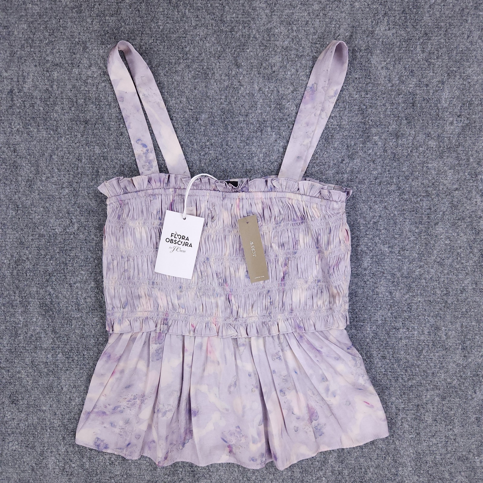 J Crew Flora Obscura Peplum Top Womens Medium Lavender Smocked Floral Sleeveless
