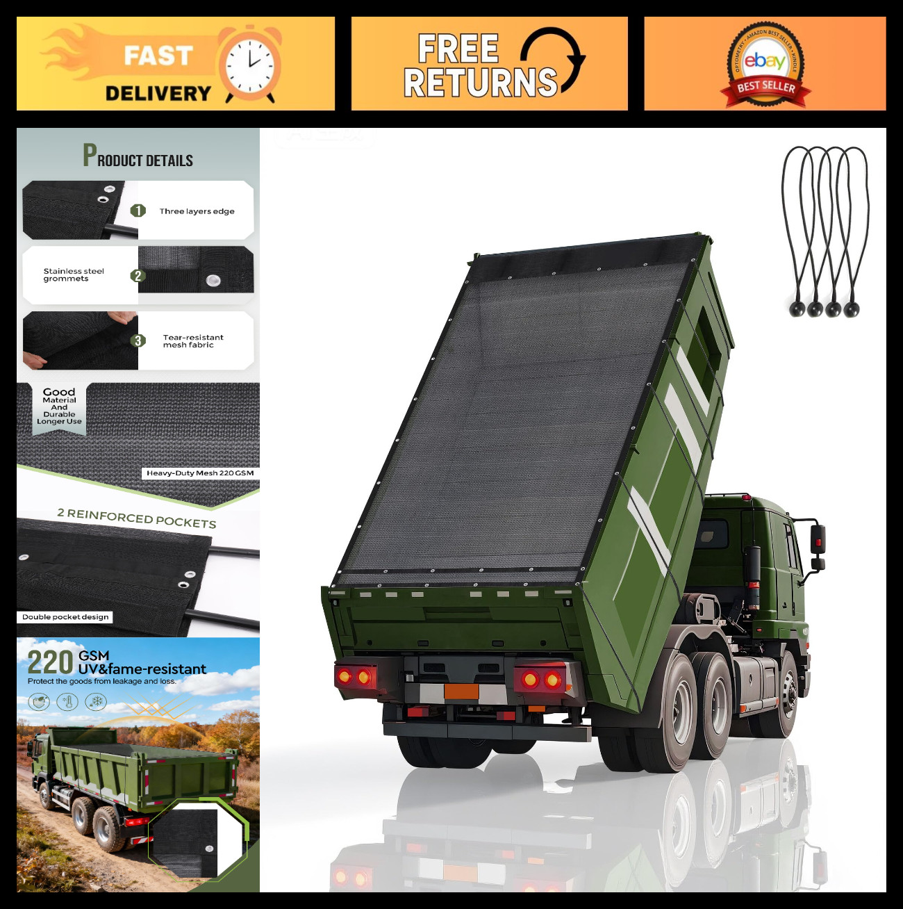 Heavy Duty 8' x 10' Mesh Dump Trailer Tarp with Grommets, Air-Flow, Elastic Cord Heavy Duty 8' x 10' Mesh Dump Trailer Tarp with Grommets, Air-Flow, Elastic Cord