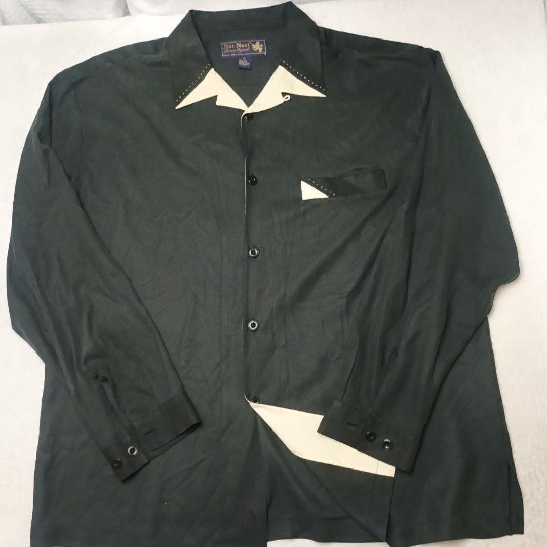 Vintage Nat Nast Shirt Mens XL Black Button-Up Silk Contrast Trim Long Sleeve