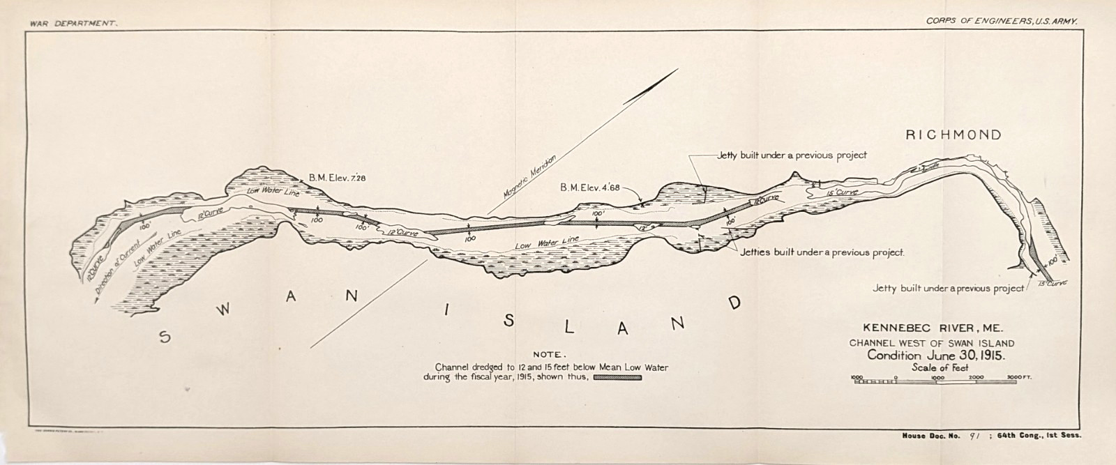 1915 KENNEBEC RIVER - MAINE Map Richmond - Swan Island - NAUTICAL Original Old
