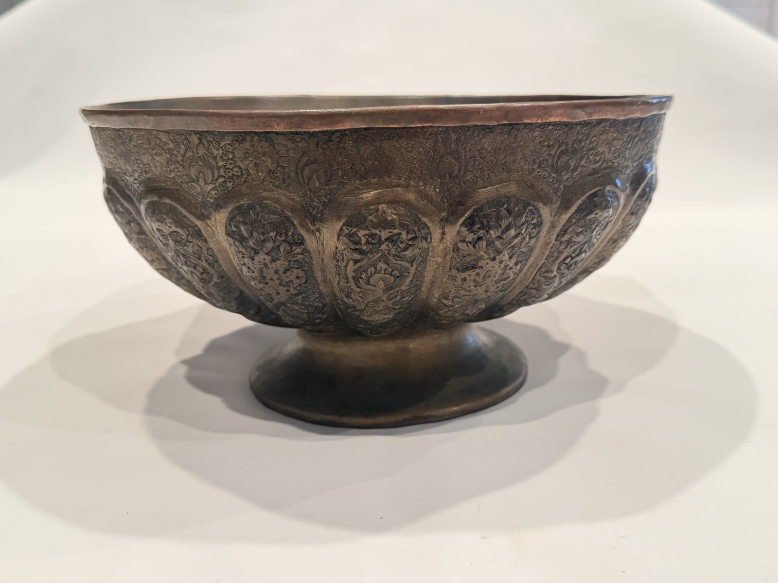 Vintage Kashmiri Indo-Persian Repousse 9” Copper Pedestal BowlHamd Chased 1890