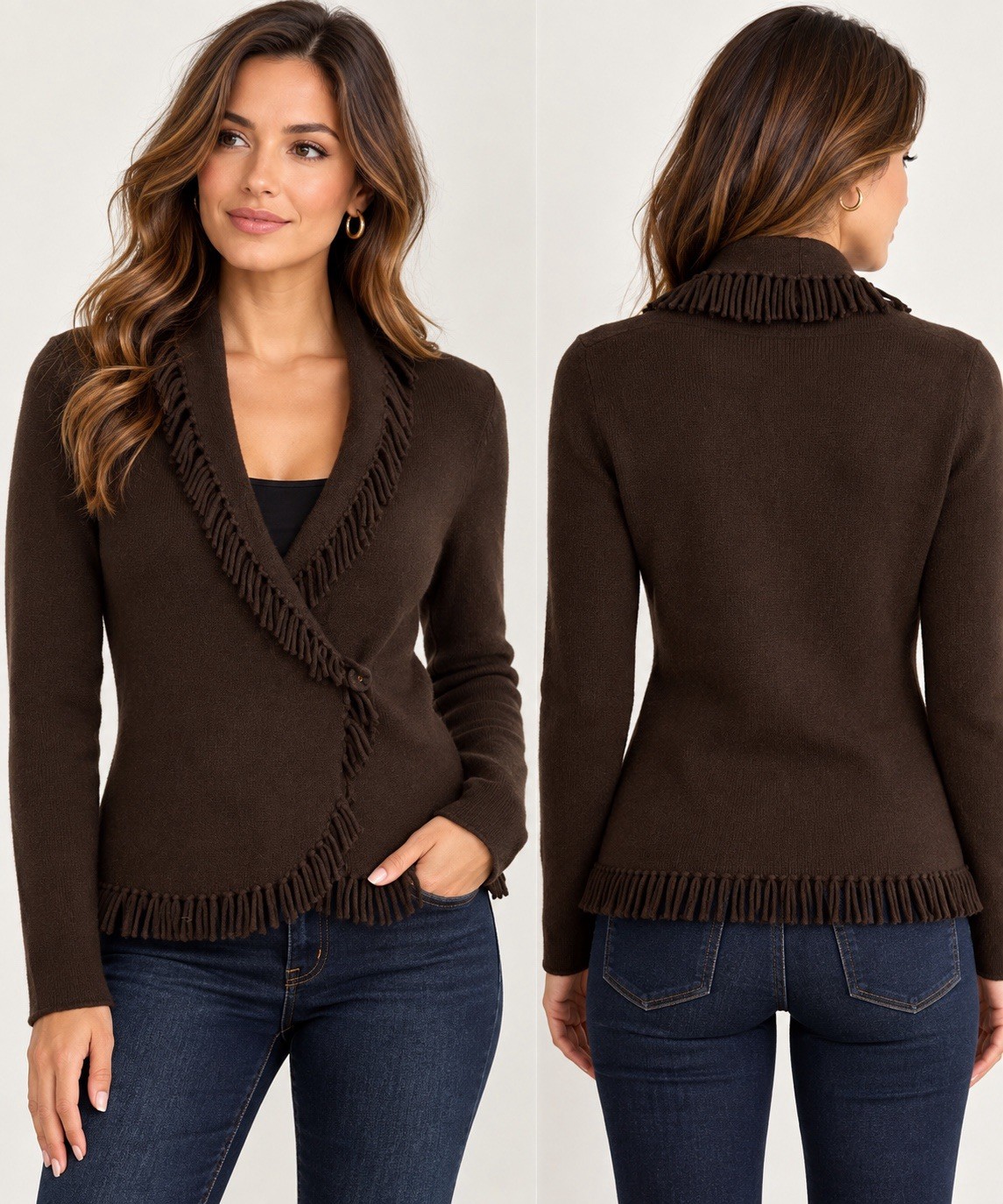 Magaschoni 100% Cashmere Brown Fringe Wrap Cardigan Sweater Boho Y2K