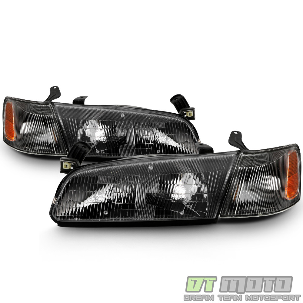 For 1997-1999 Toyota Camry Headlights Headlamps w/Corner Lights Black Left+Right