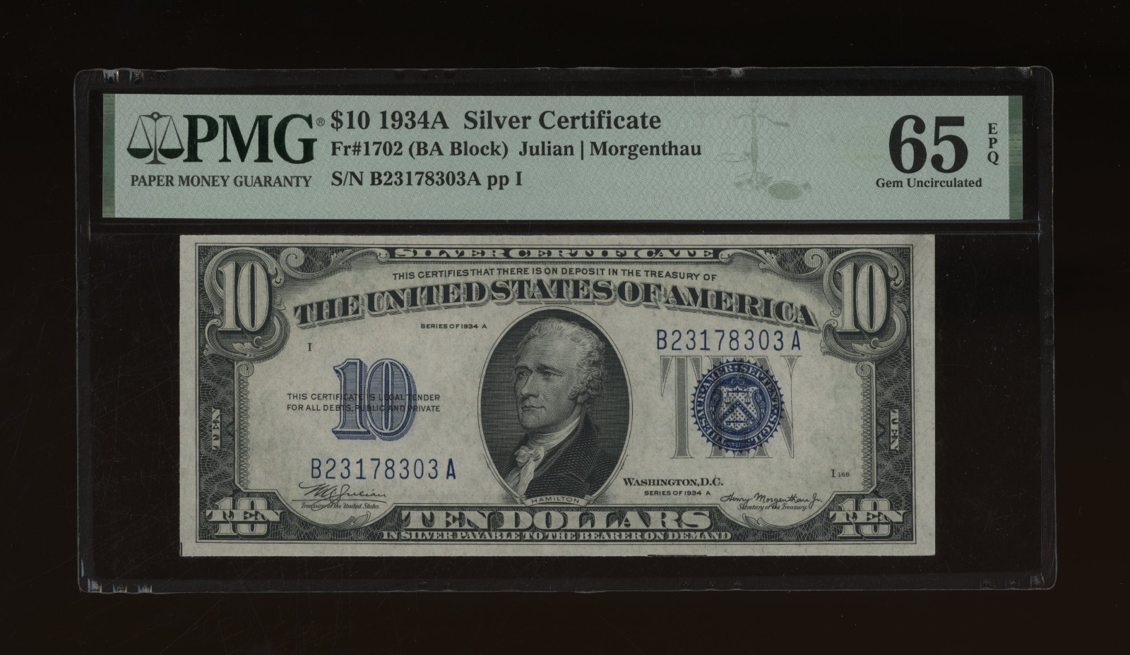 DBR 1934-A $10 Silver Gem Fr. 1702 PMG 65 EPQ Serial B23178303A DBR 1934-A $10 Silver Gem Fr. 1702 PMG 65 EPQ Serial B23178303A