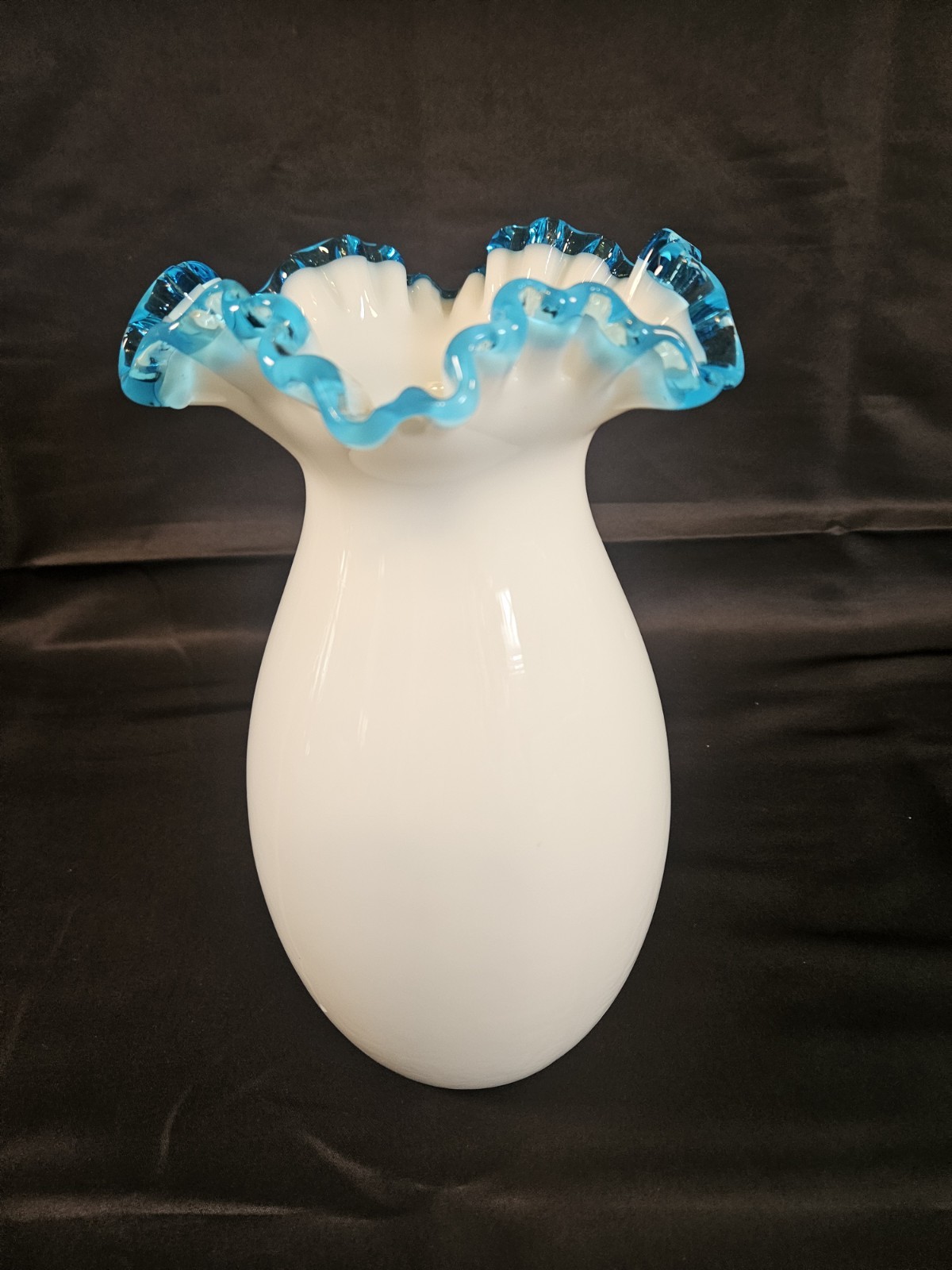 Vintage Fenton Aquamarine Crest Milk Glass Vase Ruffled Edge 10 Vintage Fenton Aquamarine Crest Milk Glass Vase Ruffled Edge 10