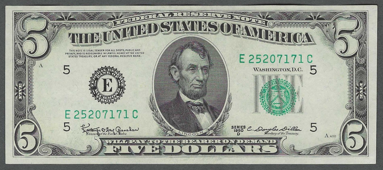 $5 1950D BETTER RICHMOND District BEAUTIFUL AU+/UNC Federal Reserve Note $5 1950D BETTER RICHMOND District BEAUTIFUL AU+/UNC Federal Reserve Note