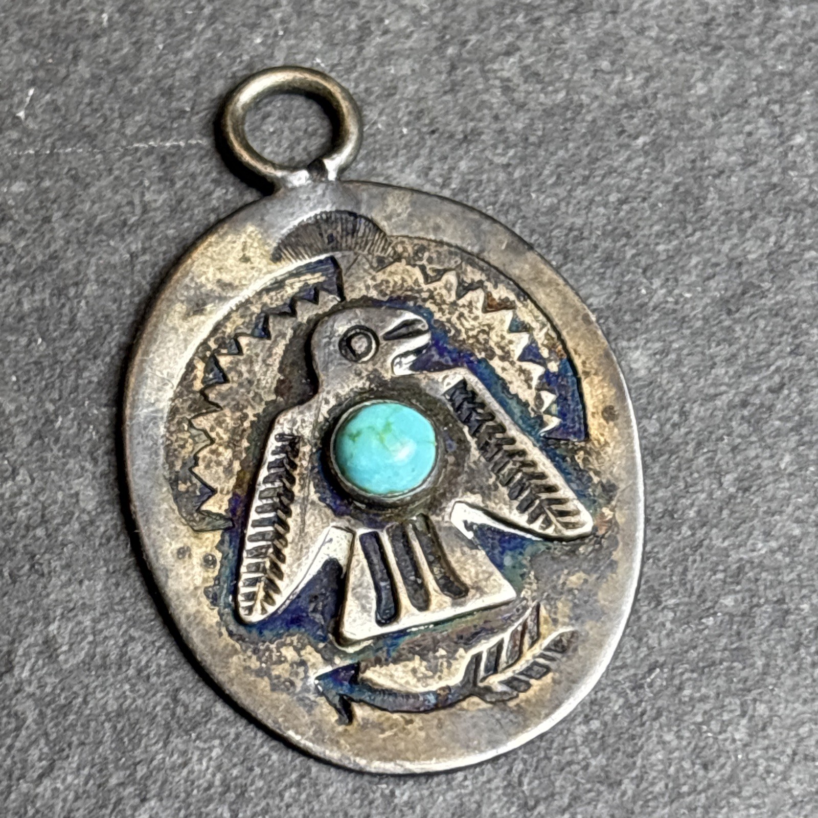 Fred Harvey Era Thunderbird Tab Unusual Stamped Turquoise Sterling Vintage Pd Fred Harvey Era Thunderbird Tab Unusual Stamped Turquoise Sterling Vintage Pd