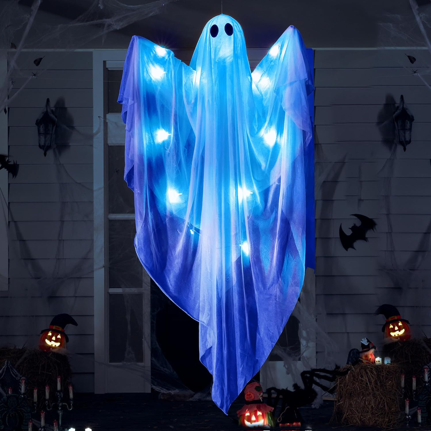 JOYIN Halloween Hanging Light up Ghost, 47” White Ghosts with Blue LED Light and